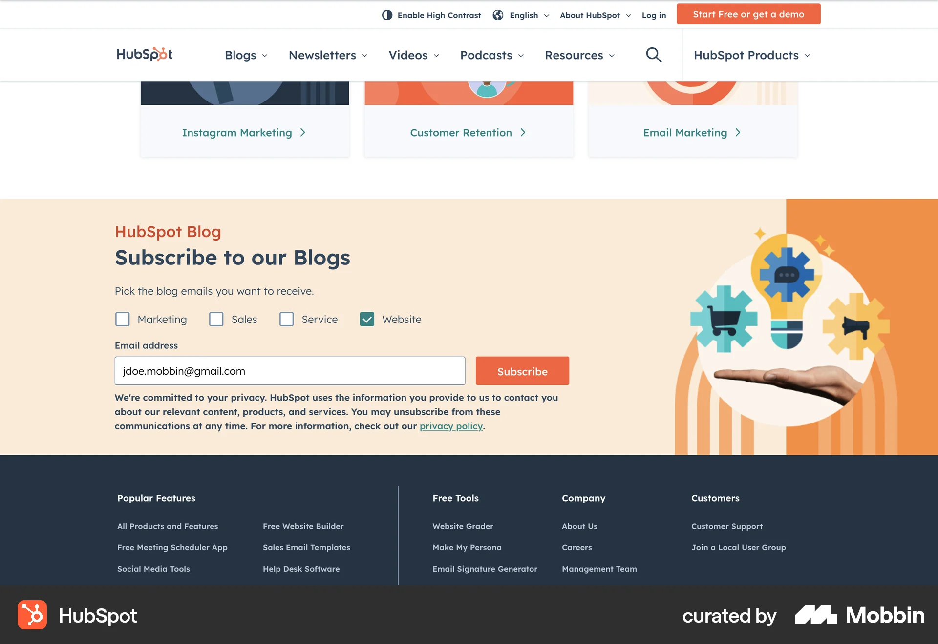 HubSpot Web Follow & Subscribe screen