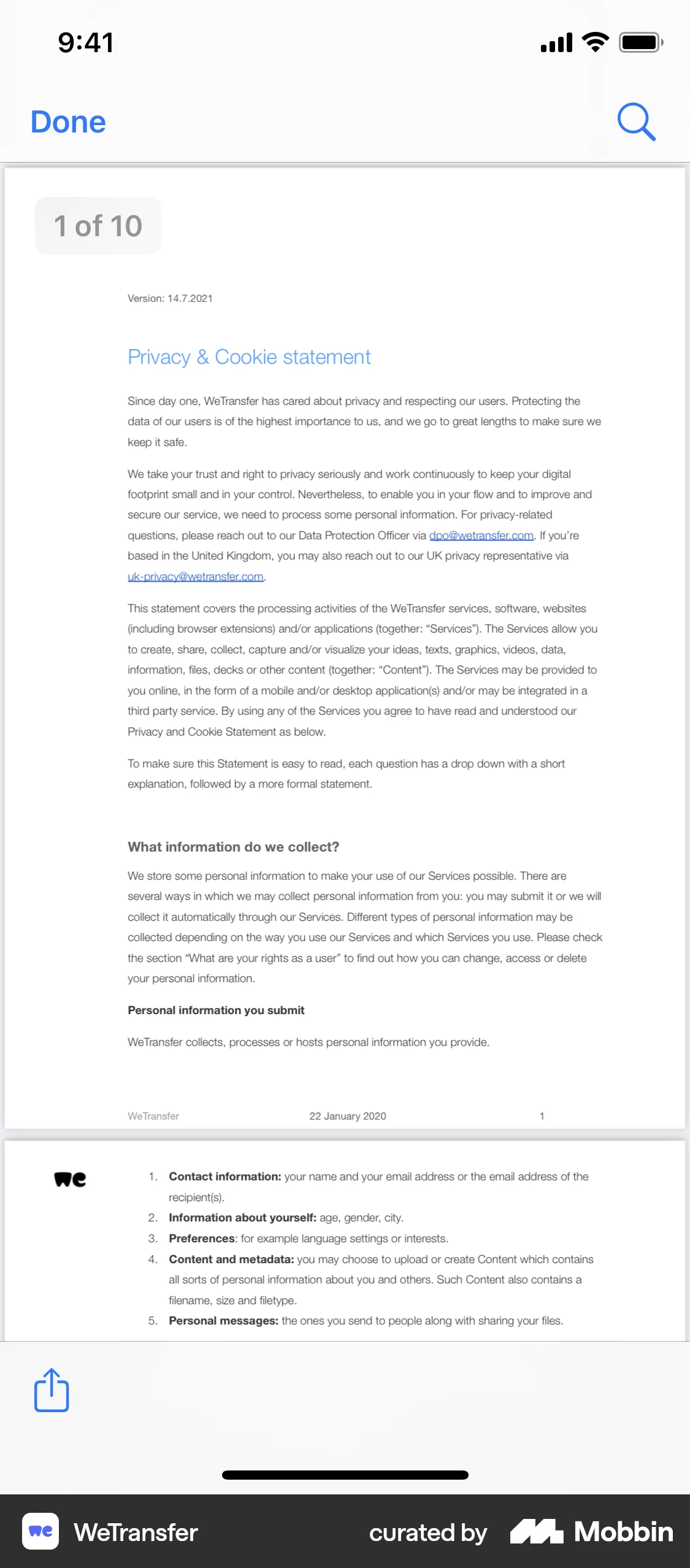 WeTransfer iOS Privacy Policy screen