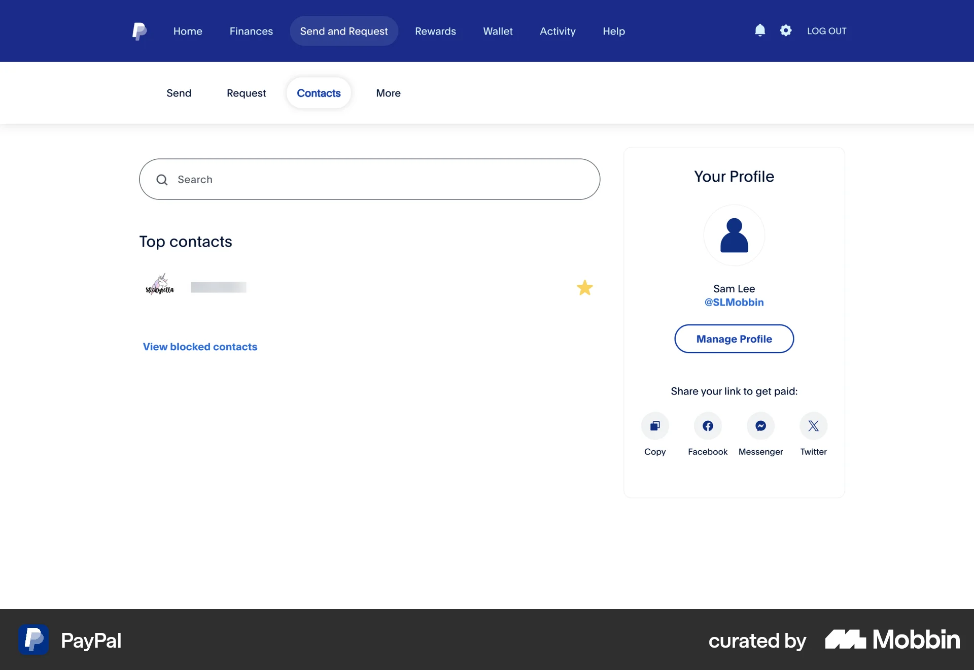 PayPal Web Favorite & Pin screen