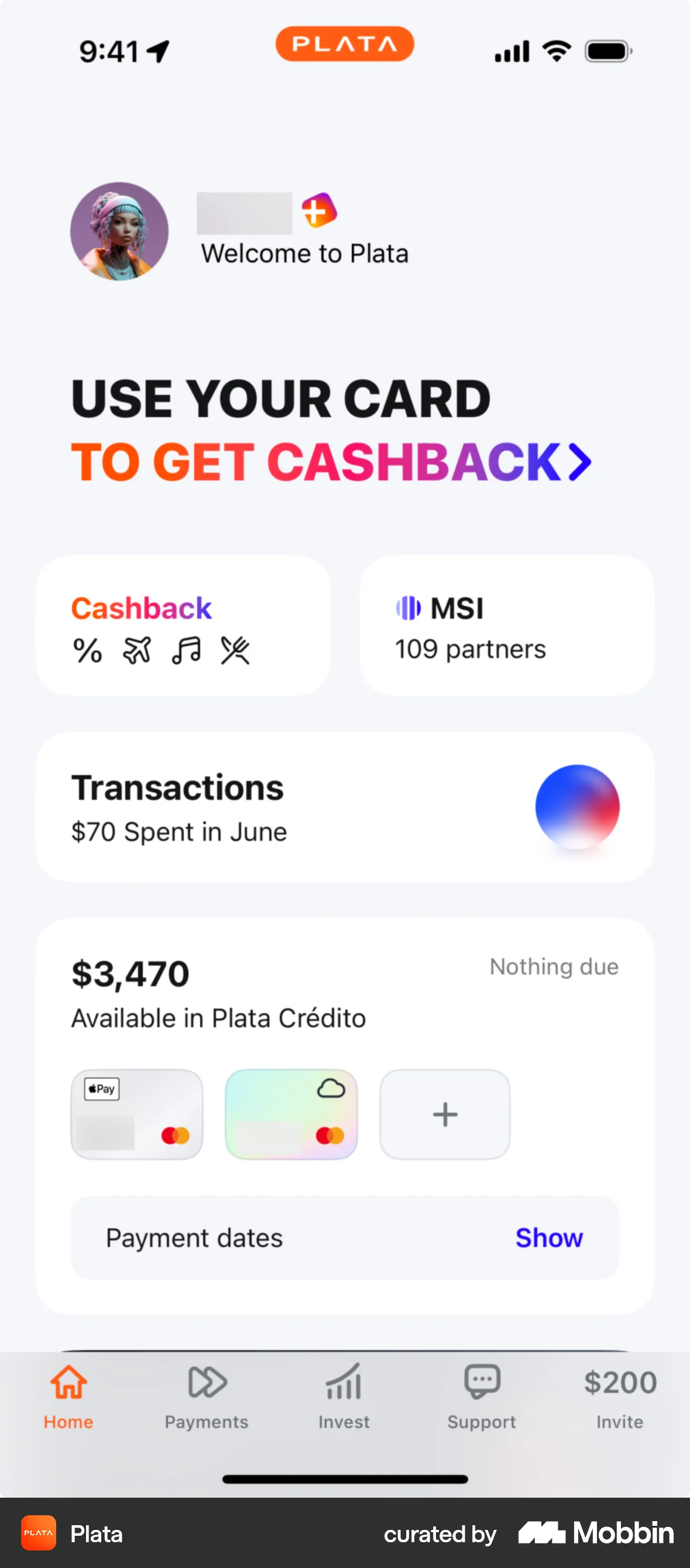 Plata Card iOS screen