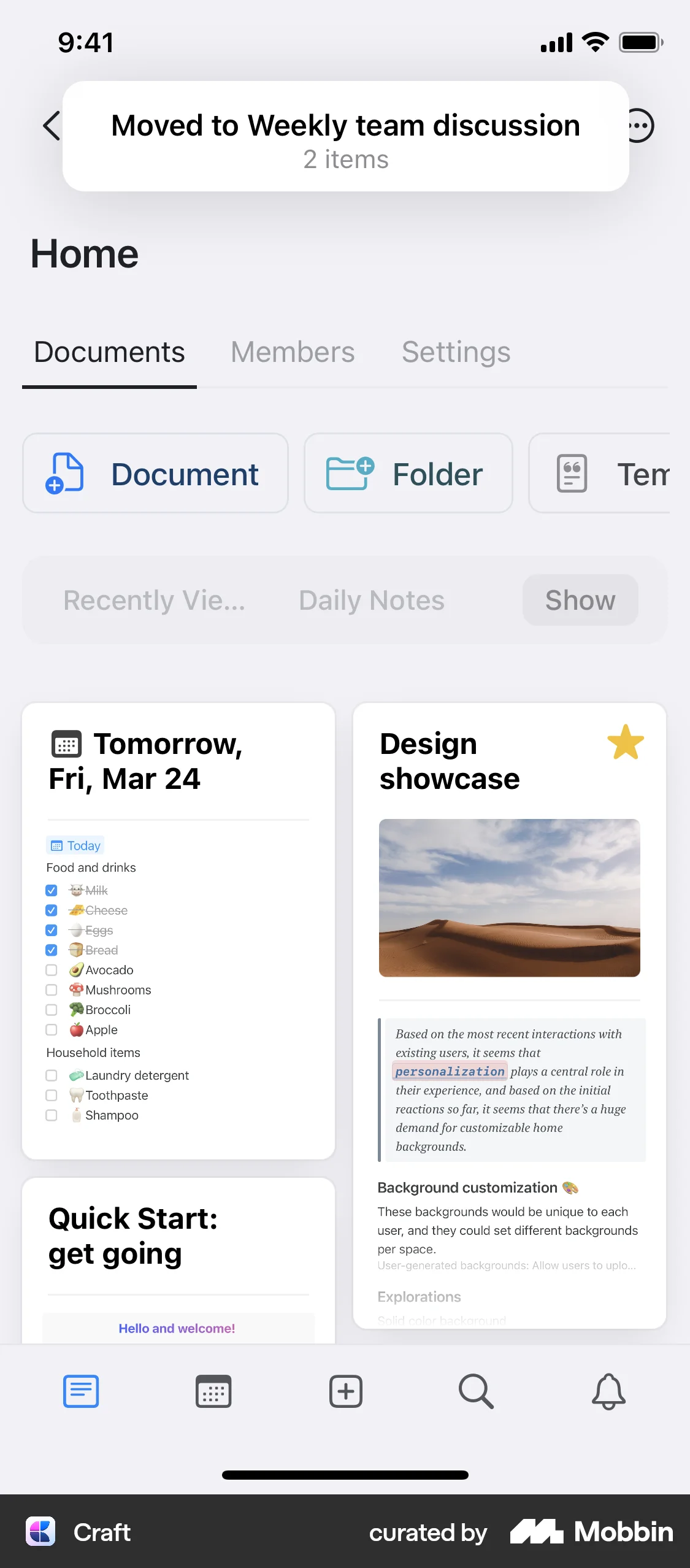 Craft iOS screen containing Toast UI element
