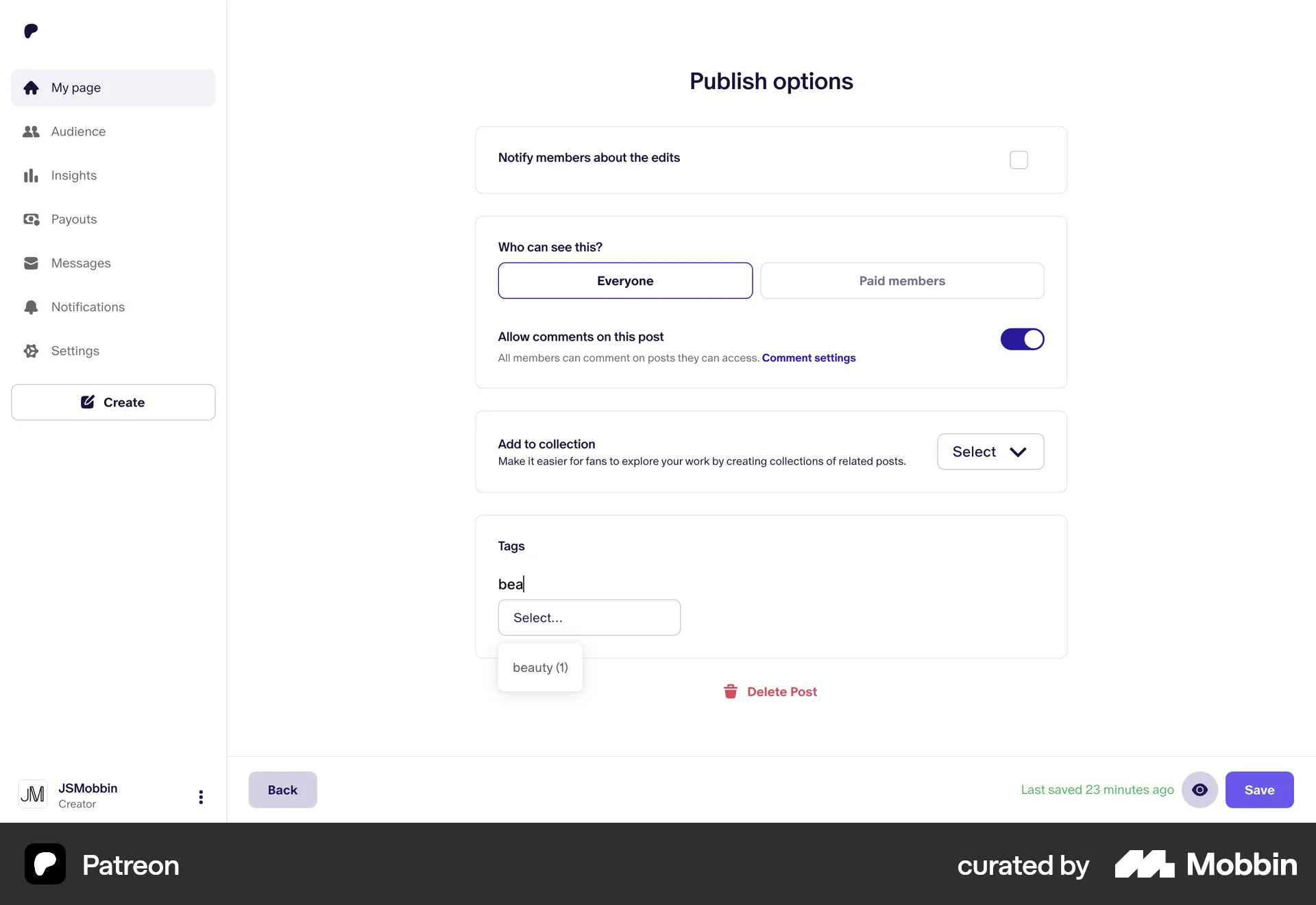 Patreon Web screen containing Combobox UI element