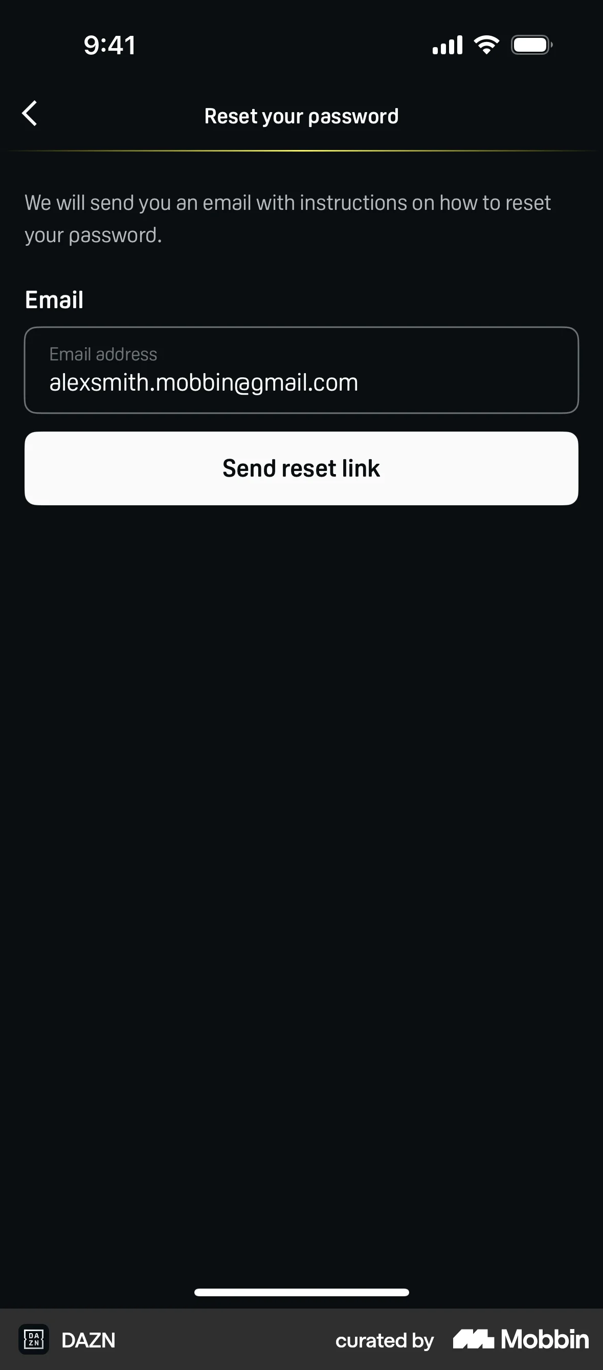 DAZN iOS Forgot Password screen