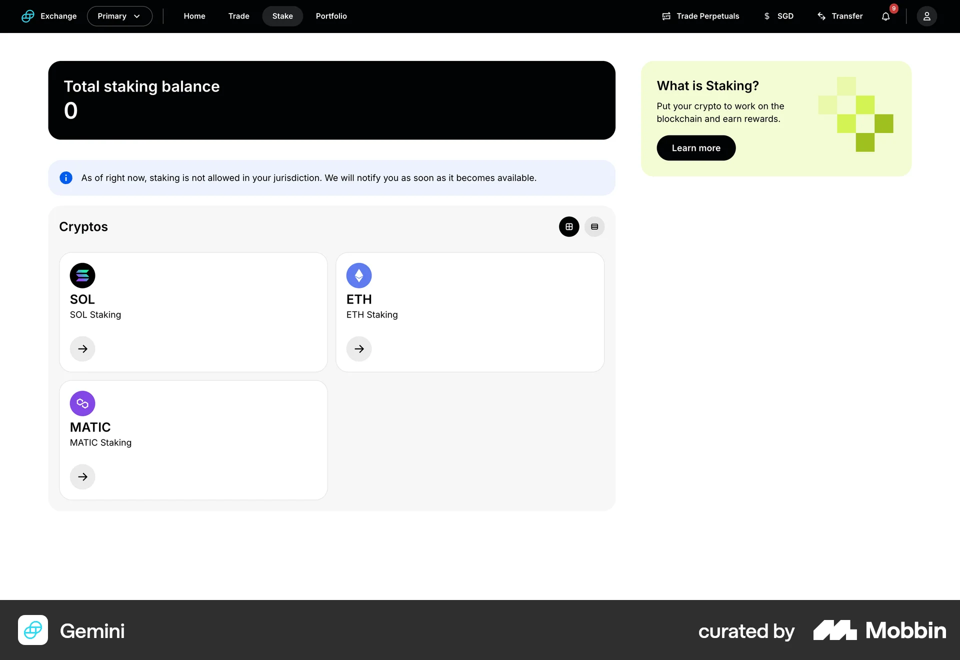 Gemini Web Wallet & Balance screen
