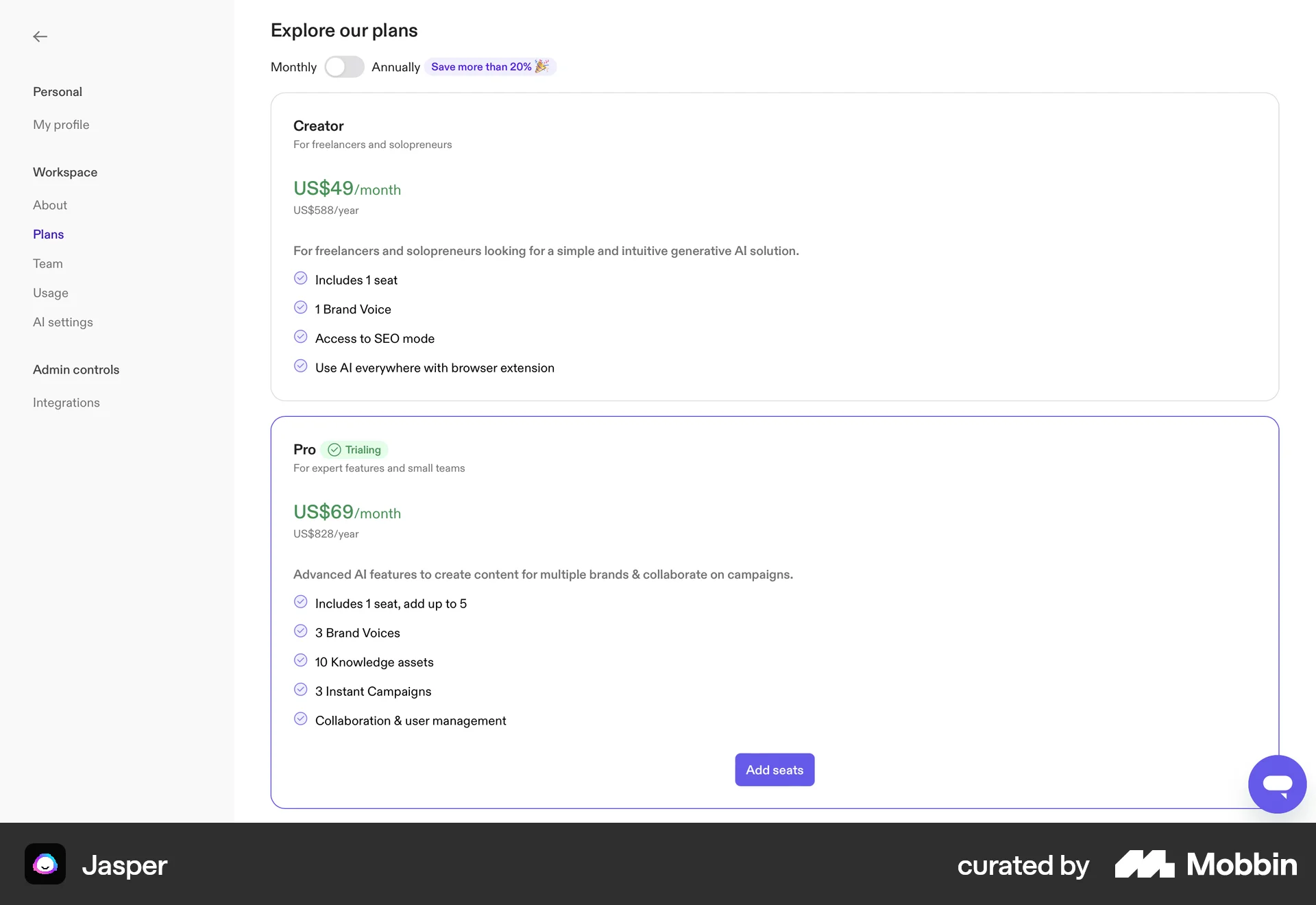Jasper Web Pricing screen