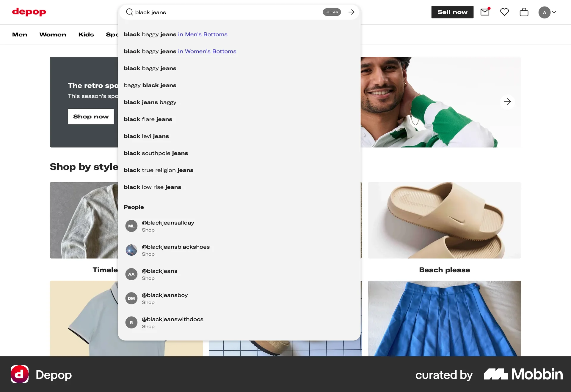 Depop Web Search screen