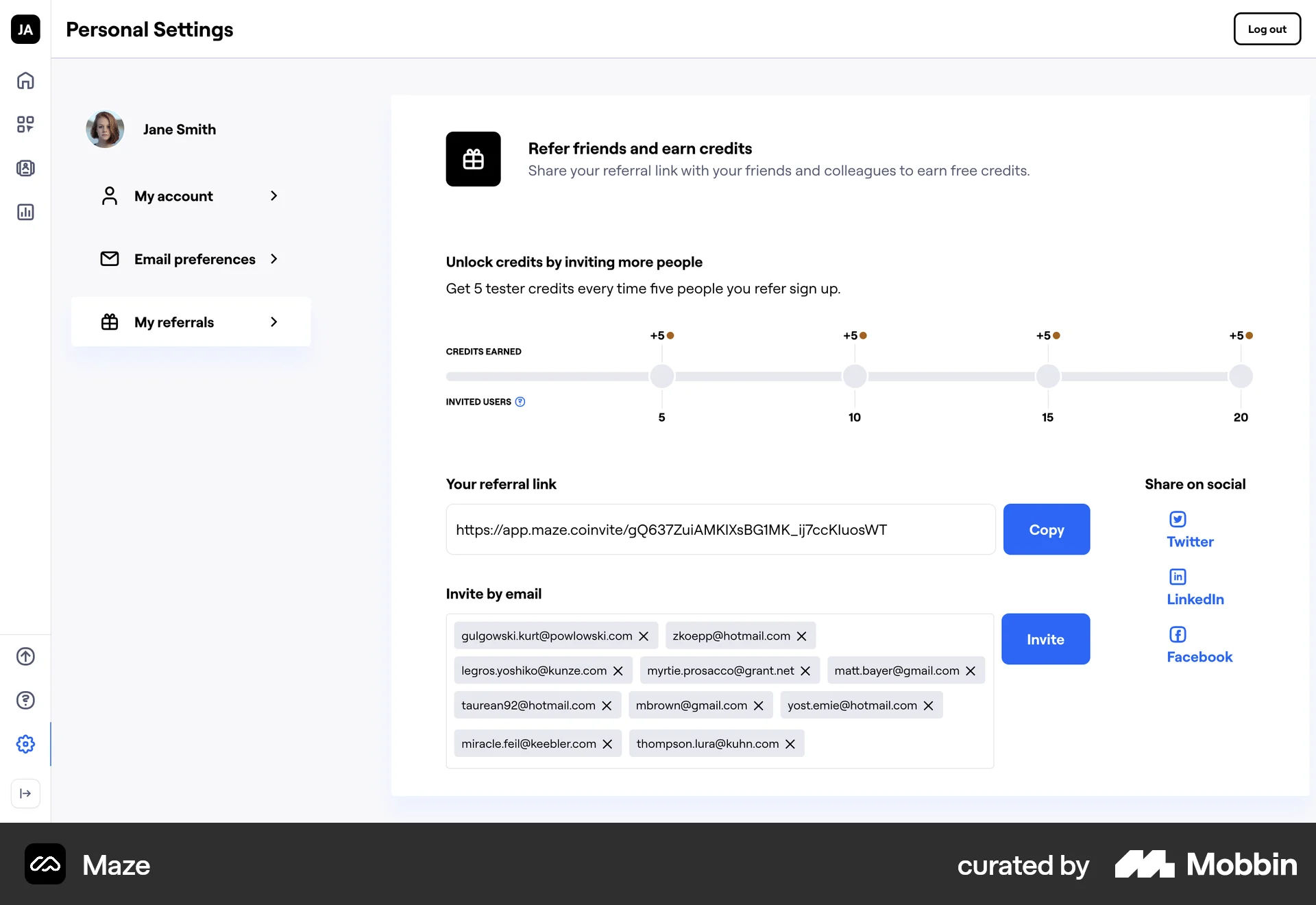 Maze Web Invite & Refer Friends screen