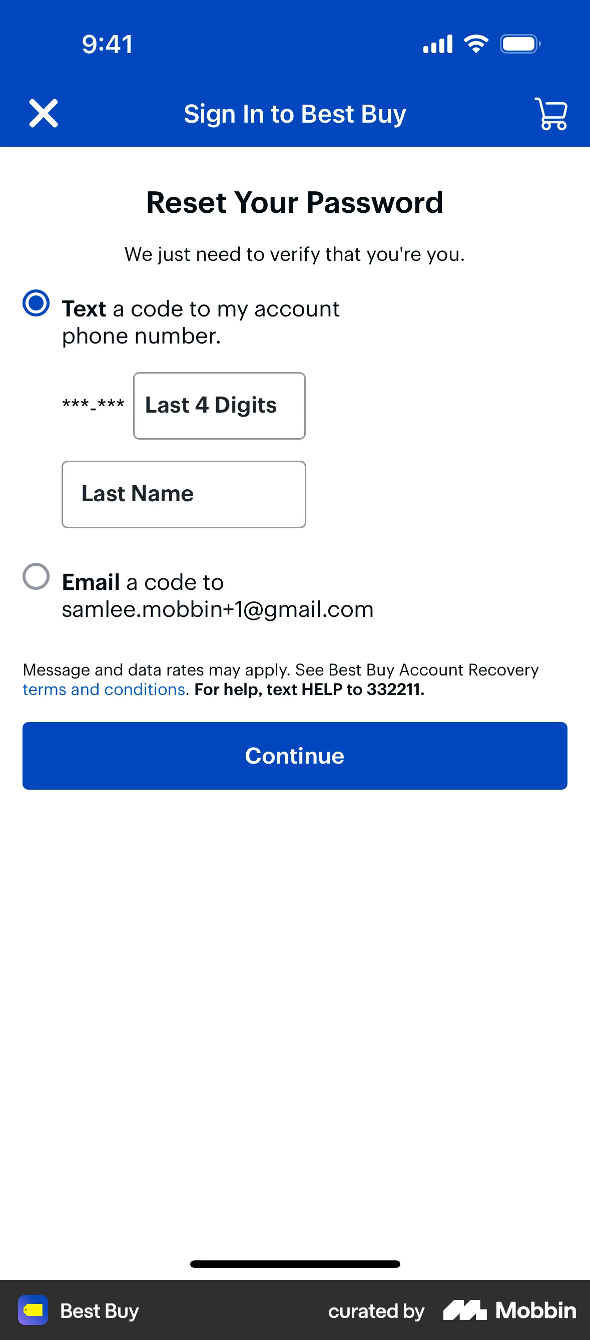 Best Buy iOS Forgot Password screen