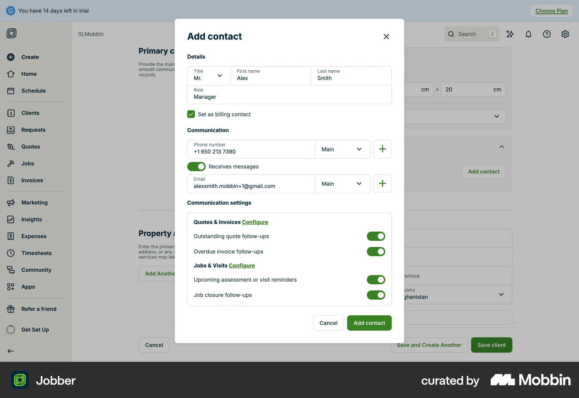 Jobber Web Add & Create screen