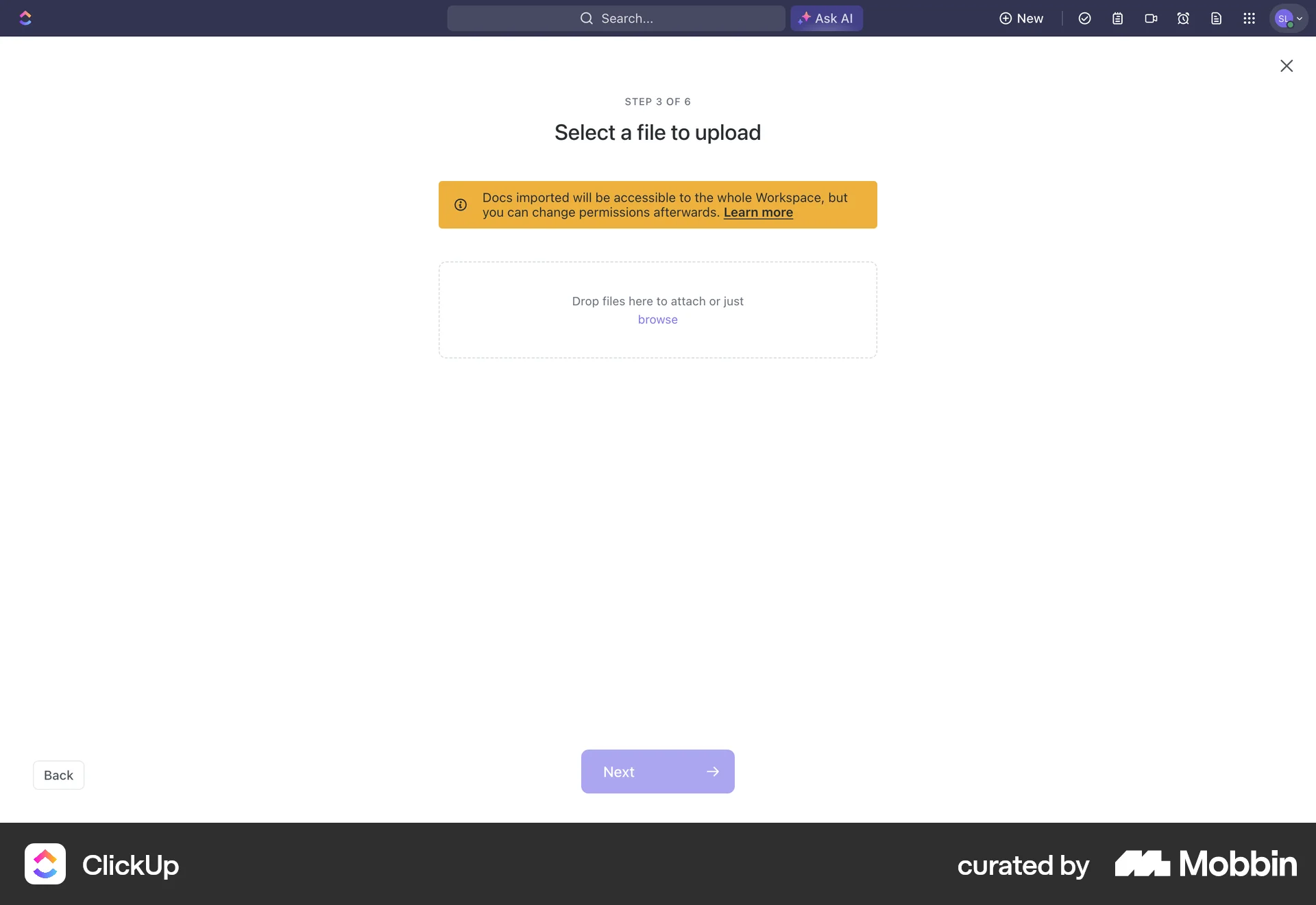 ClickUp Web screen containing Floating Action Button UI element