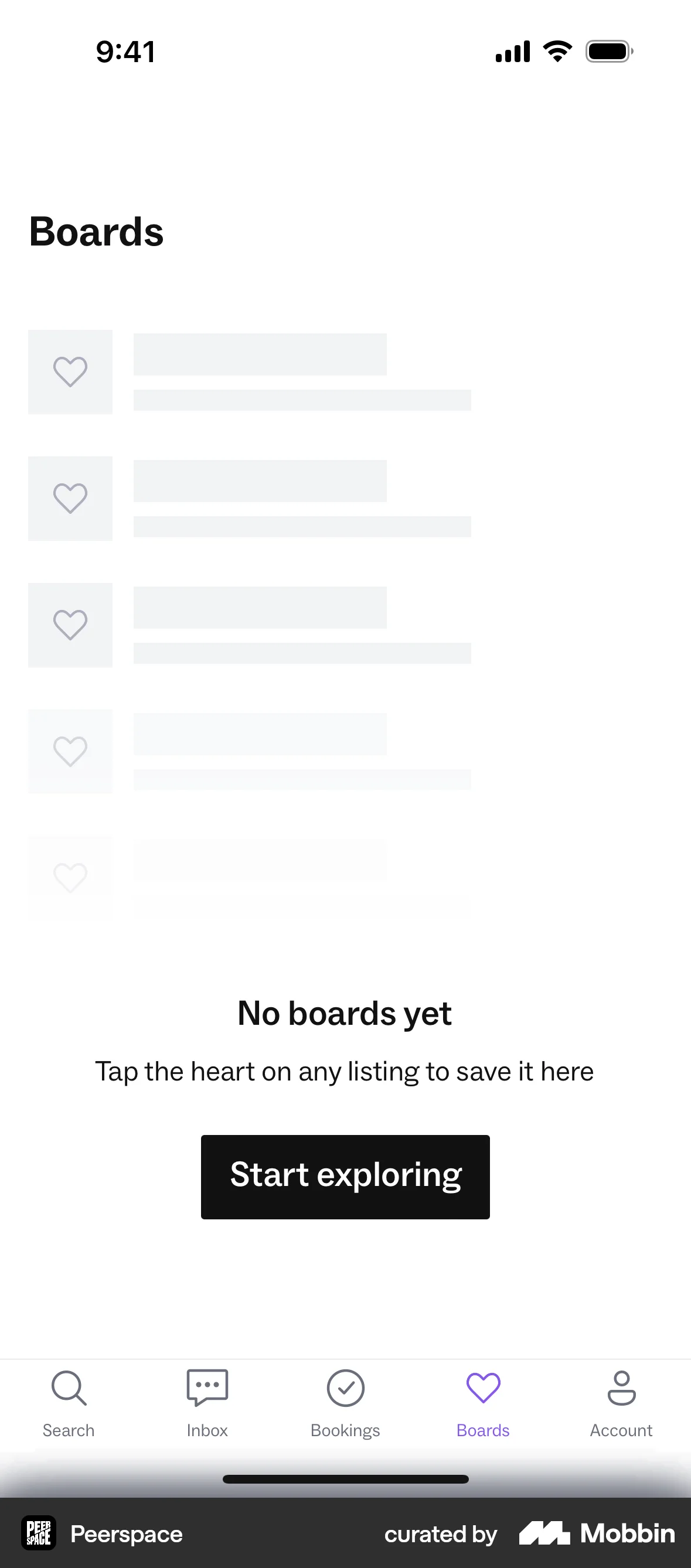 Peerspace iOS Bookmarks & Collections screen