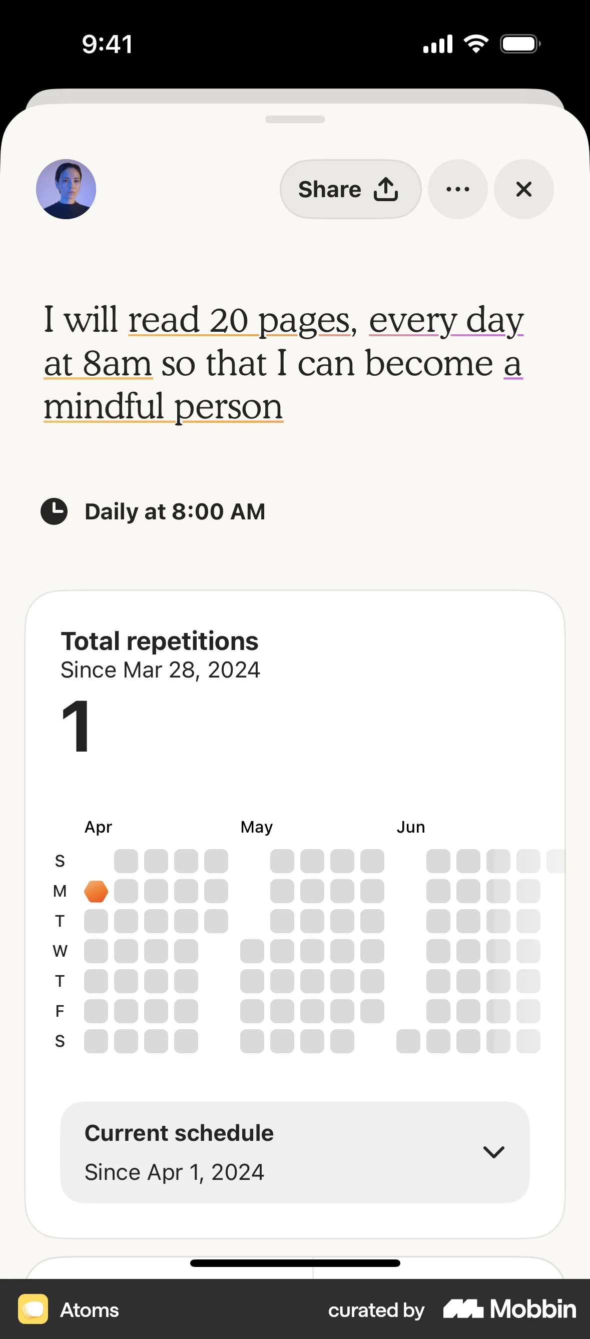 Atoms iOS Calendar screen