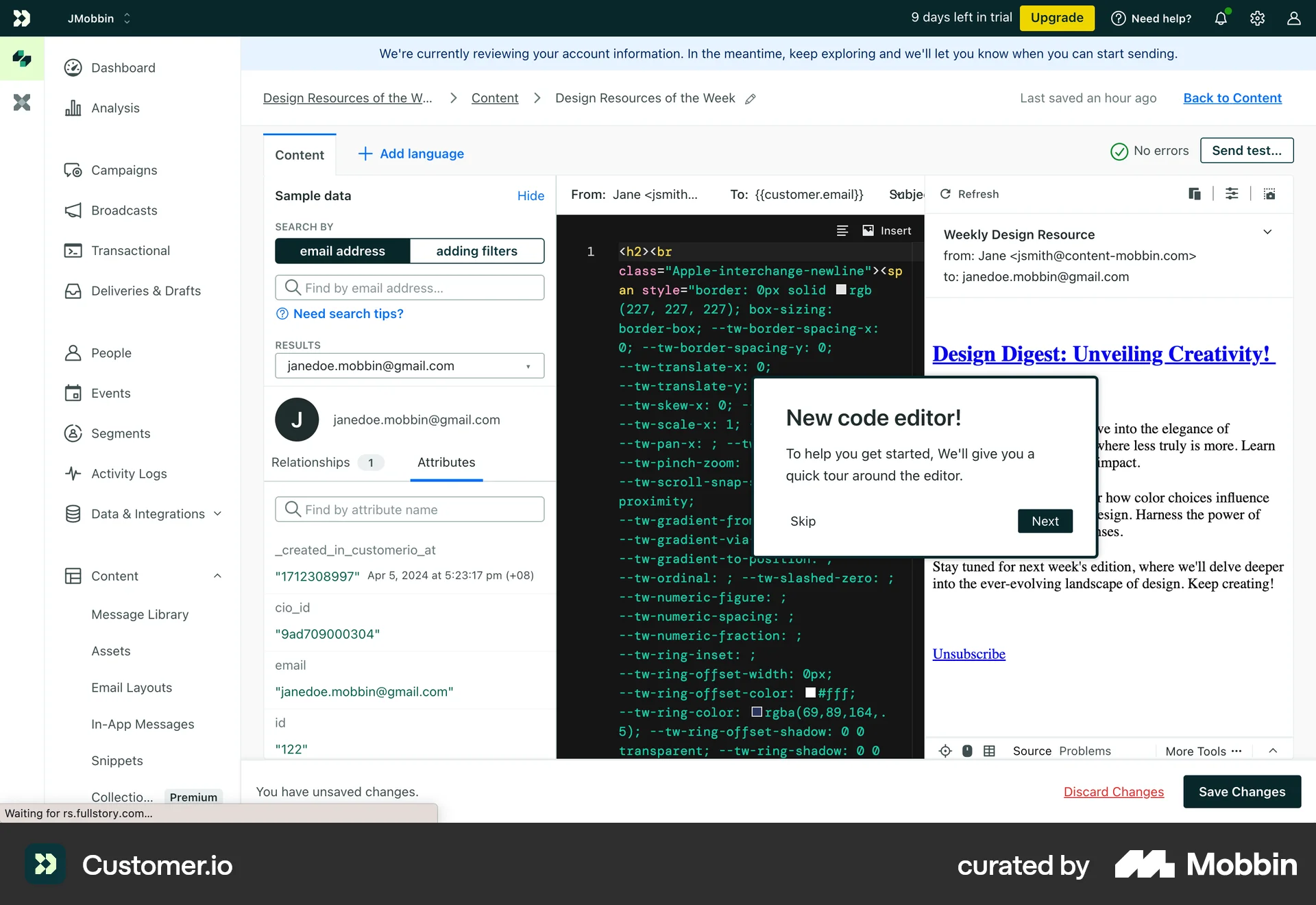 Customer.io Web Guided Tour & Tutorial screen