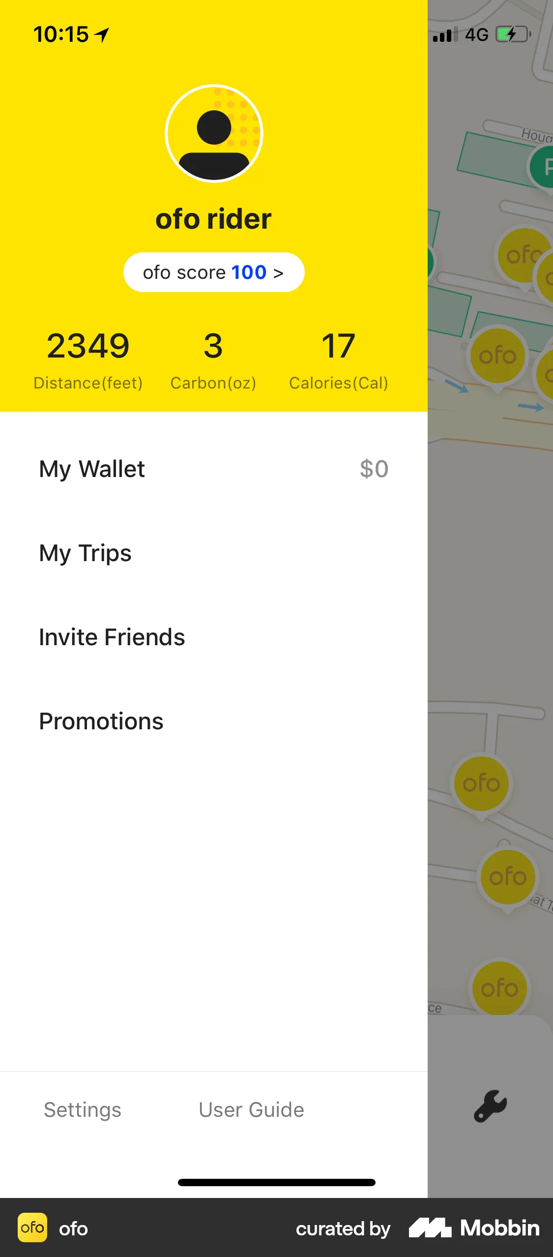 ofo iOS screen containing Side Navigation UI element