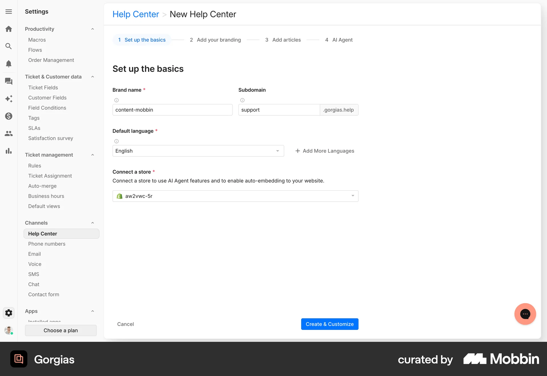 Gorgias Web Wizard UI screen