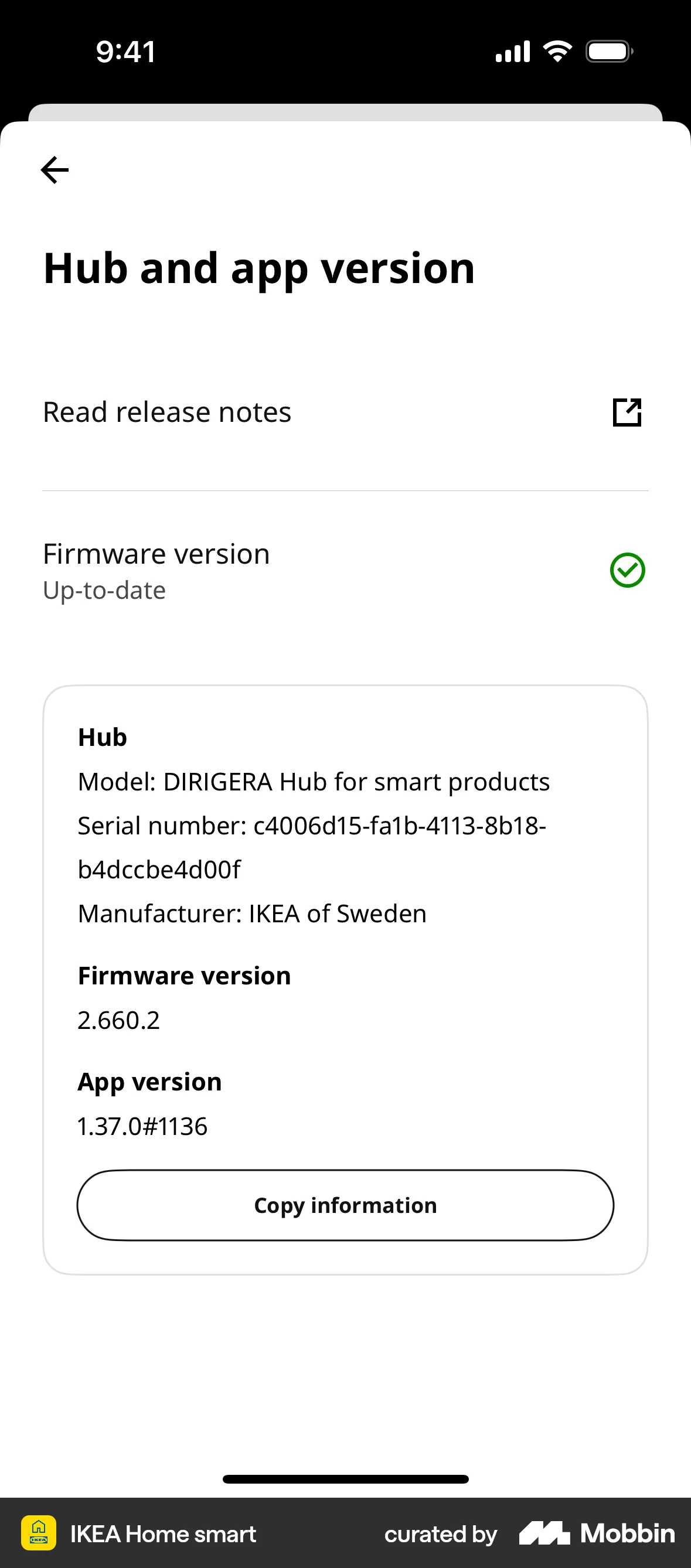 IKEA Home smart iOS About screen