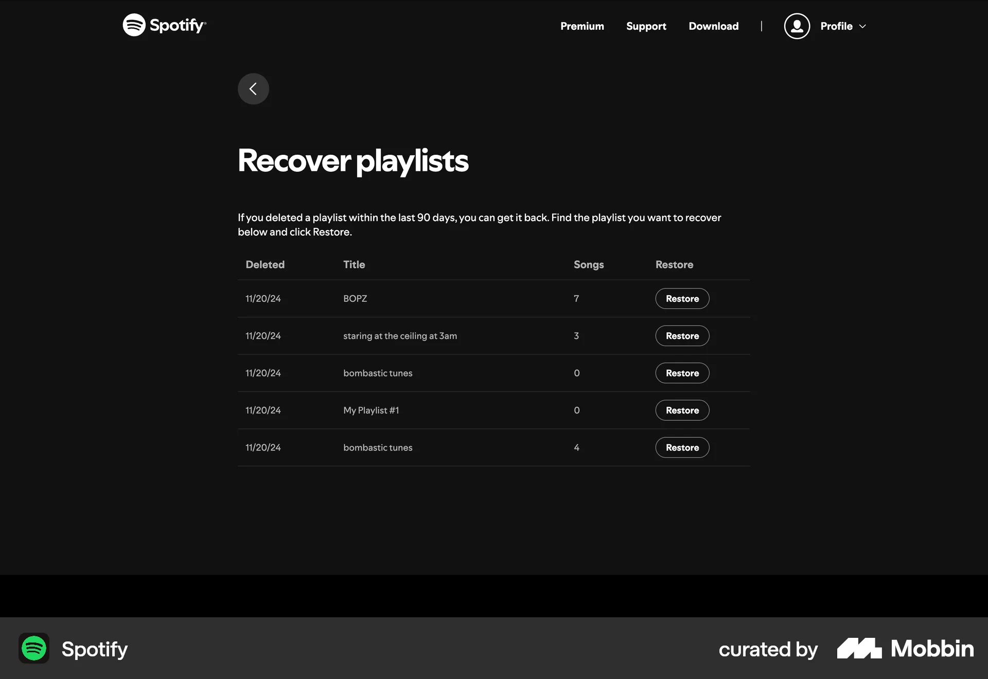 Spotify Web Trash & Archive screen