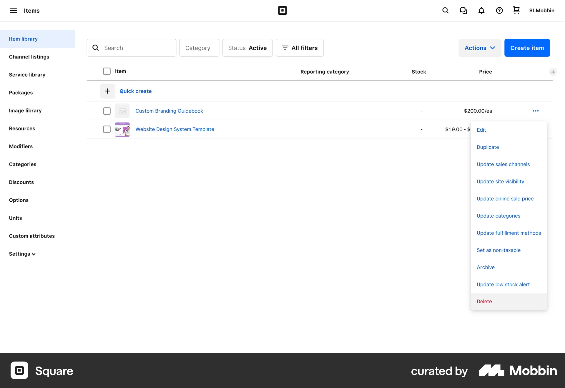 Square Web Action Option screen