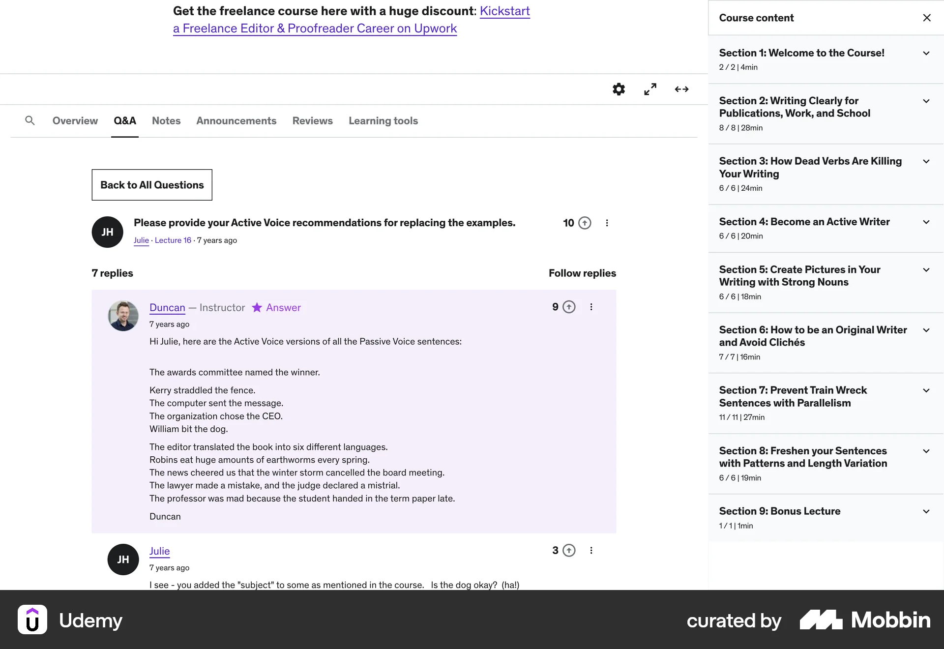 Udemy Web Comments screen