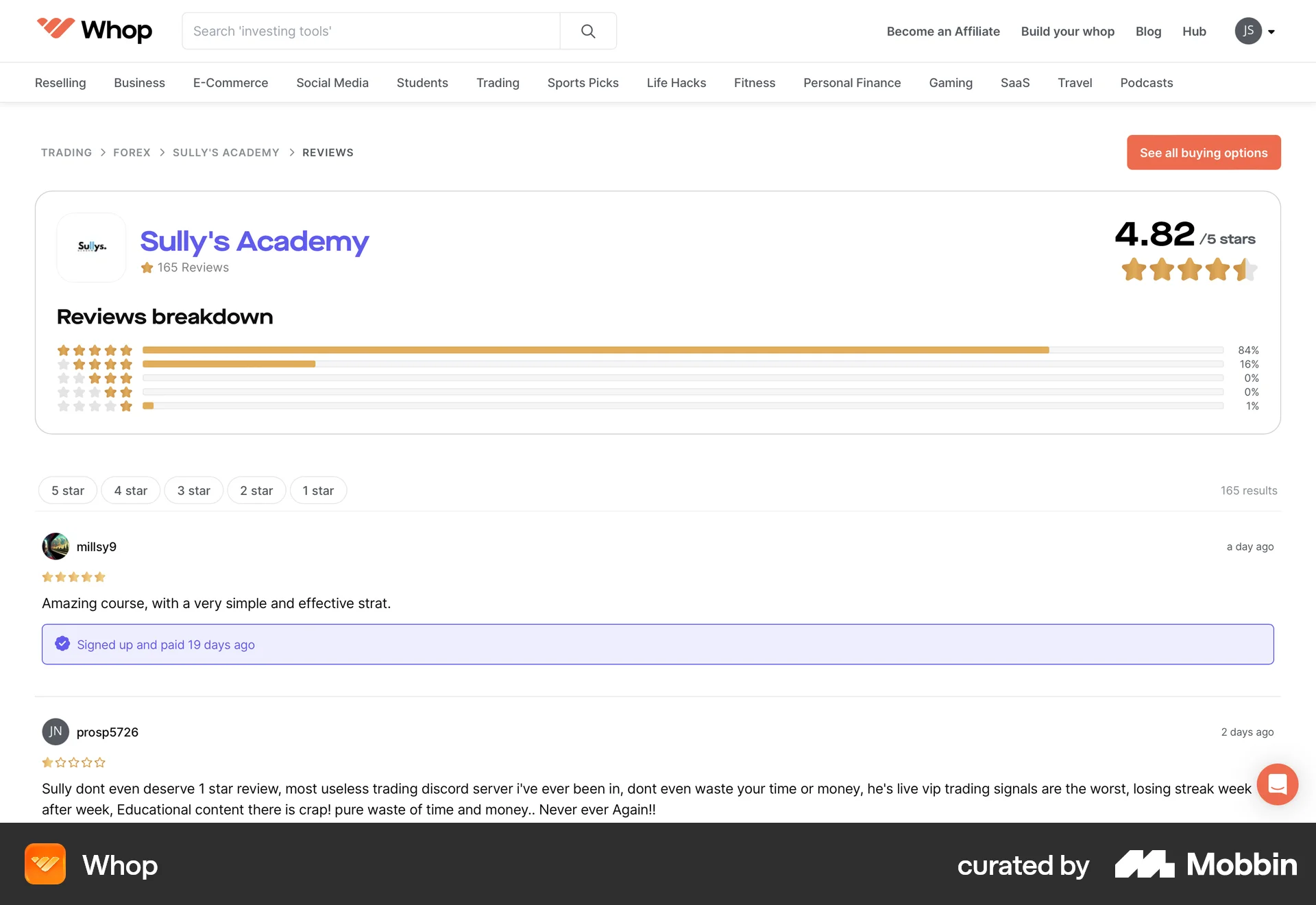 Whop Web Reviews & Ratings screen