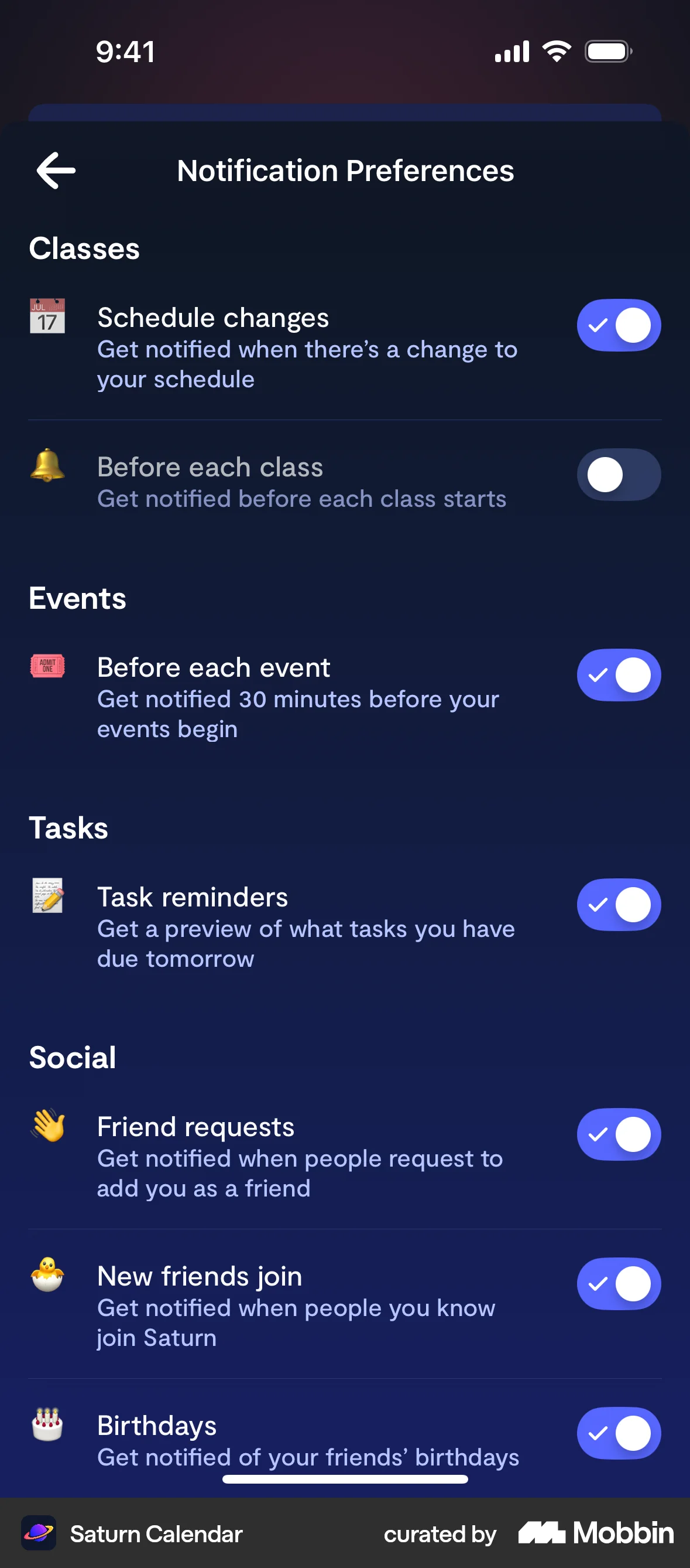 Saturn Calendar iOS Settings & Preferences screen