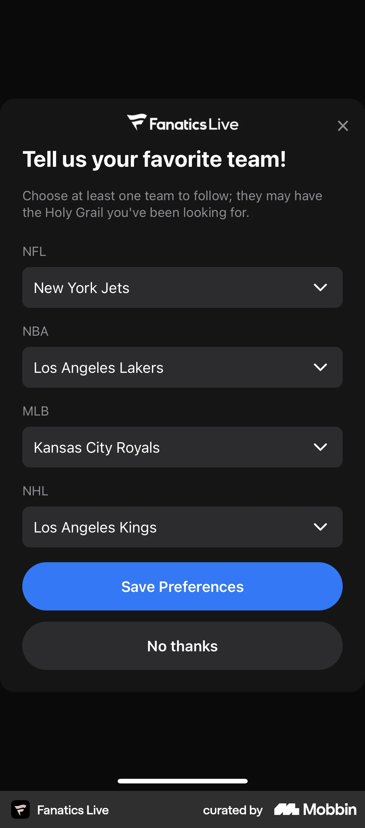 Fanatics Live iOS Account Setup screen