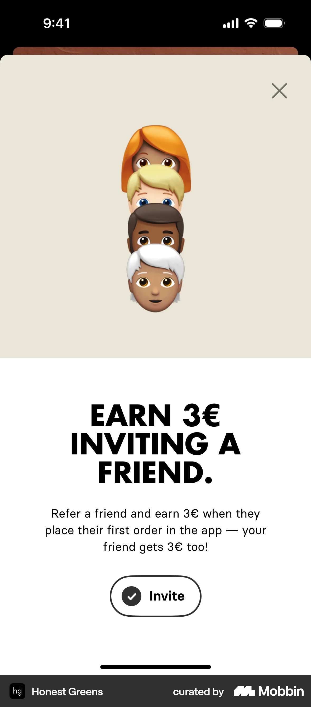Honest Greens iOS Invite & Refer Friends screen