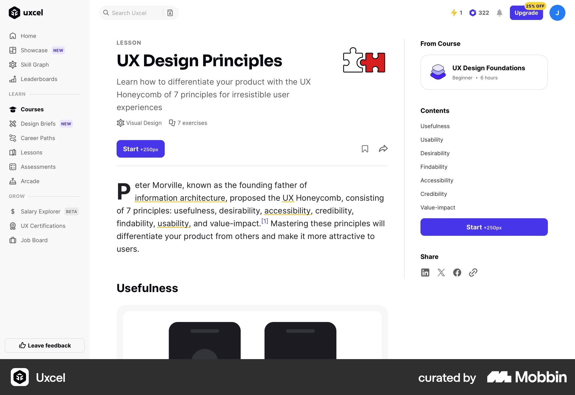 Uxcel Web Class & Lesson Detail screen