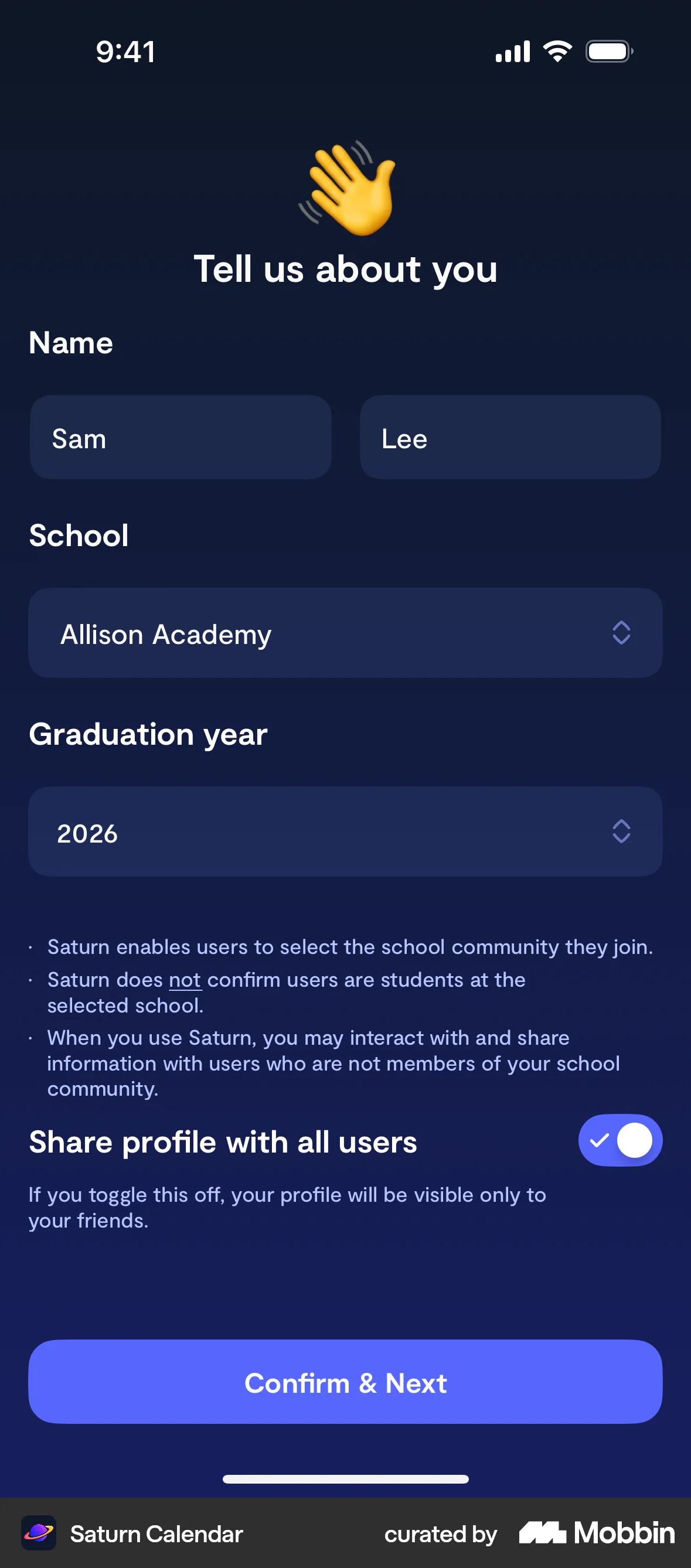 Saturn Calendar iOS Account Setup screen