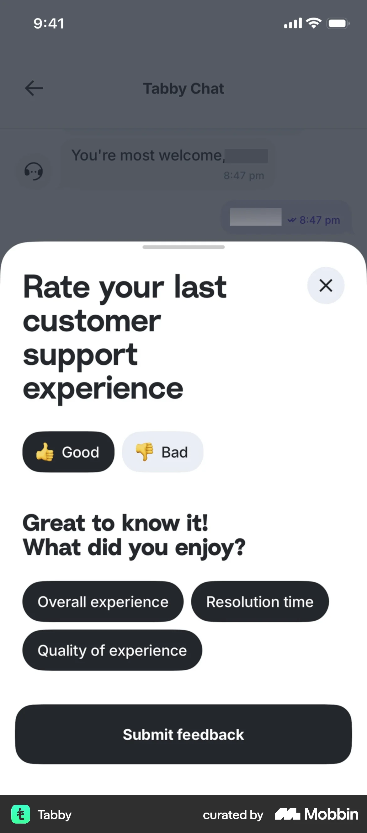Tabby iOS Feedback screen