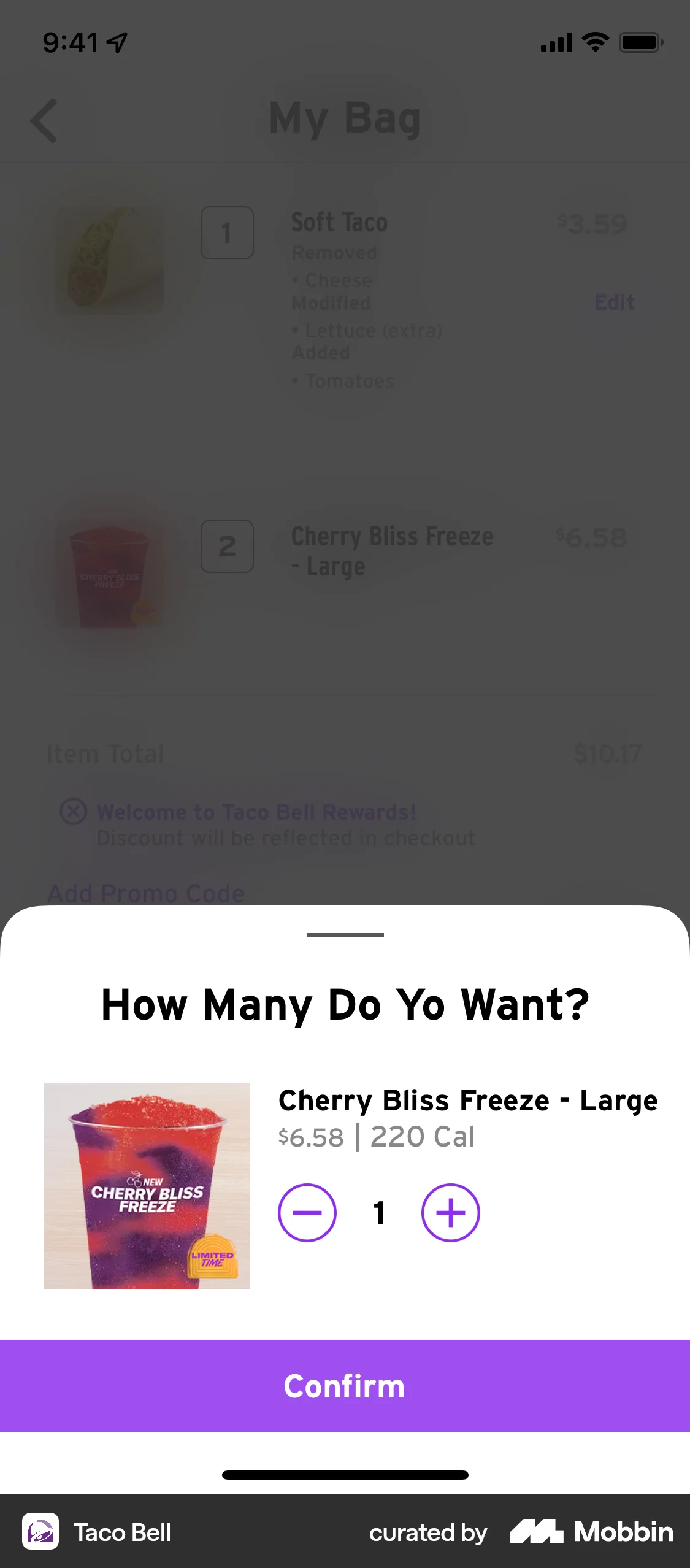 Taco Bell iOS screen containing Stepper UI element
