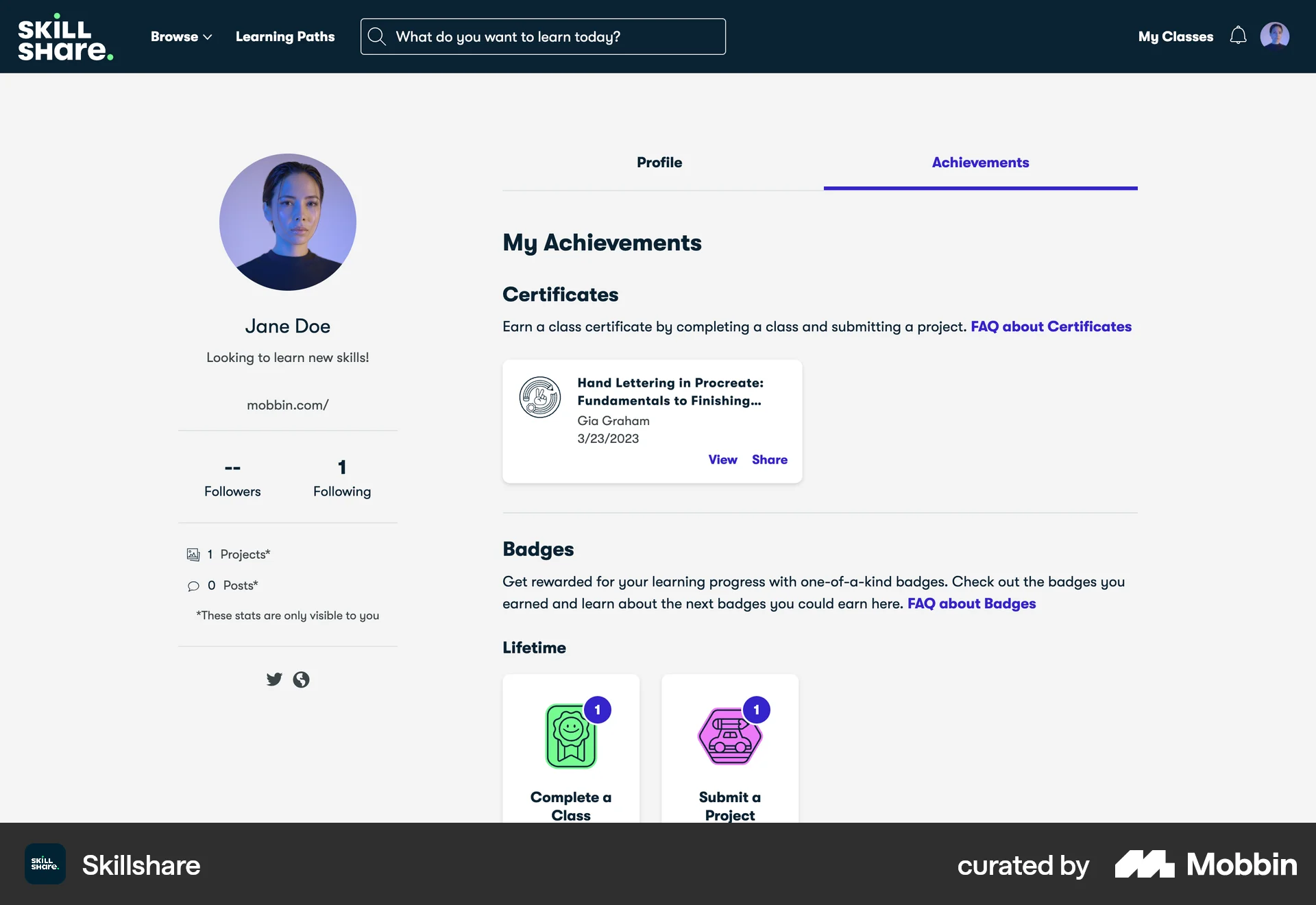Skillshare Web Achievements & Awards screen