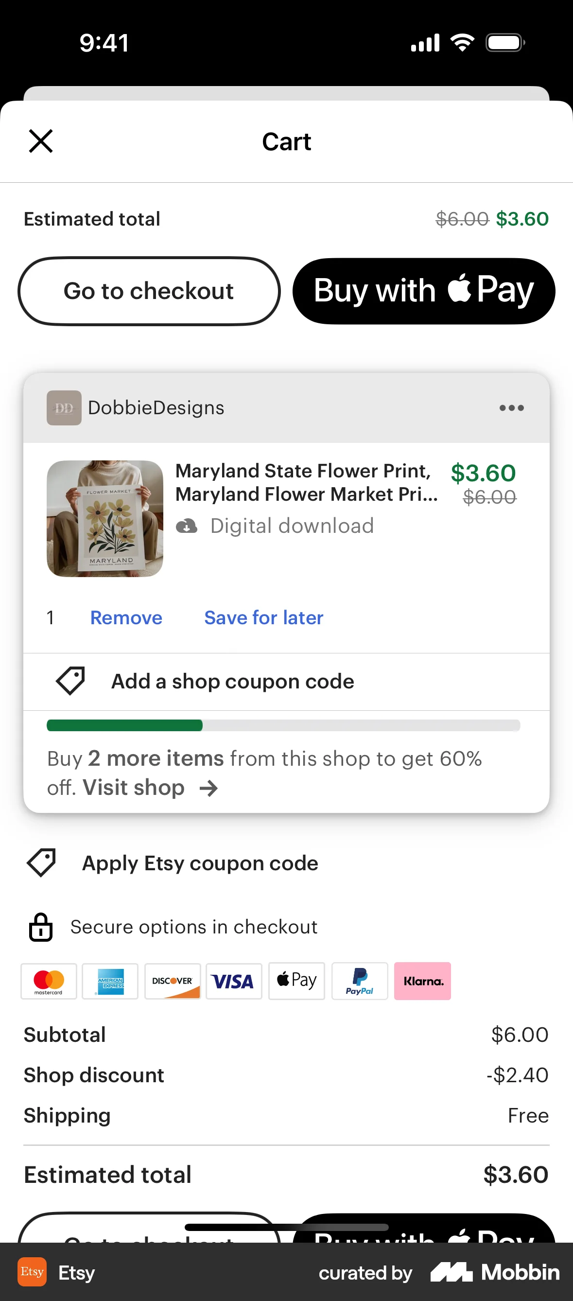 Etsy iOS Mobile Shopping Cart screen