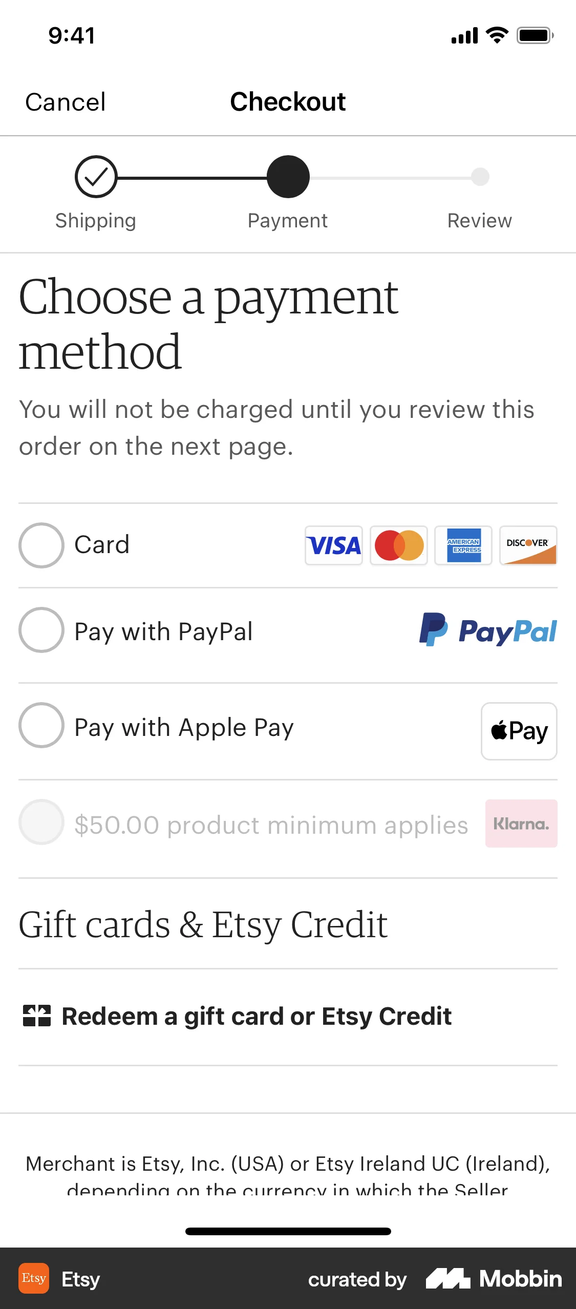 Etsy iOS Checkout screen