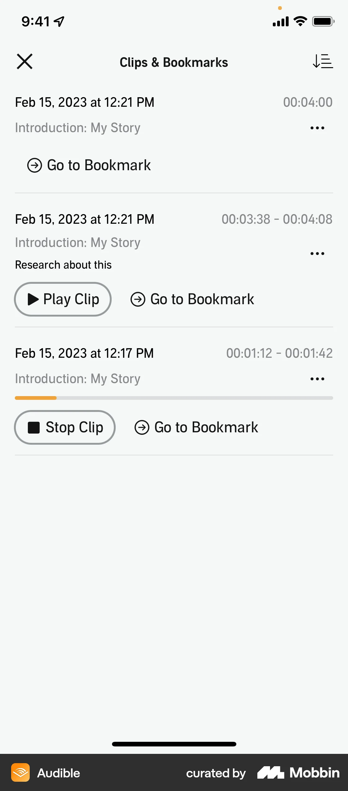 Audible iOS Bookmarks & Collections screen