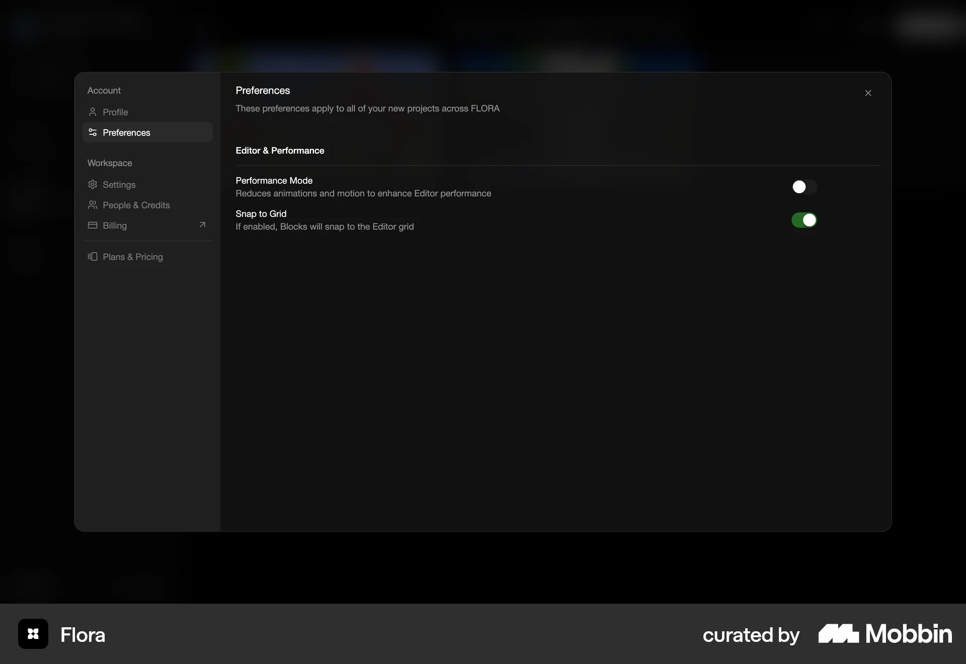 FLORA Web Settings & Preferences screen