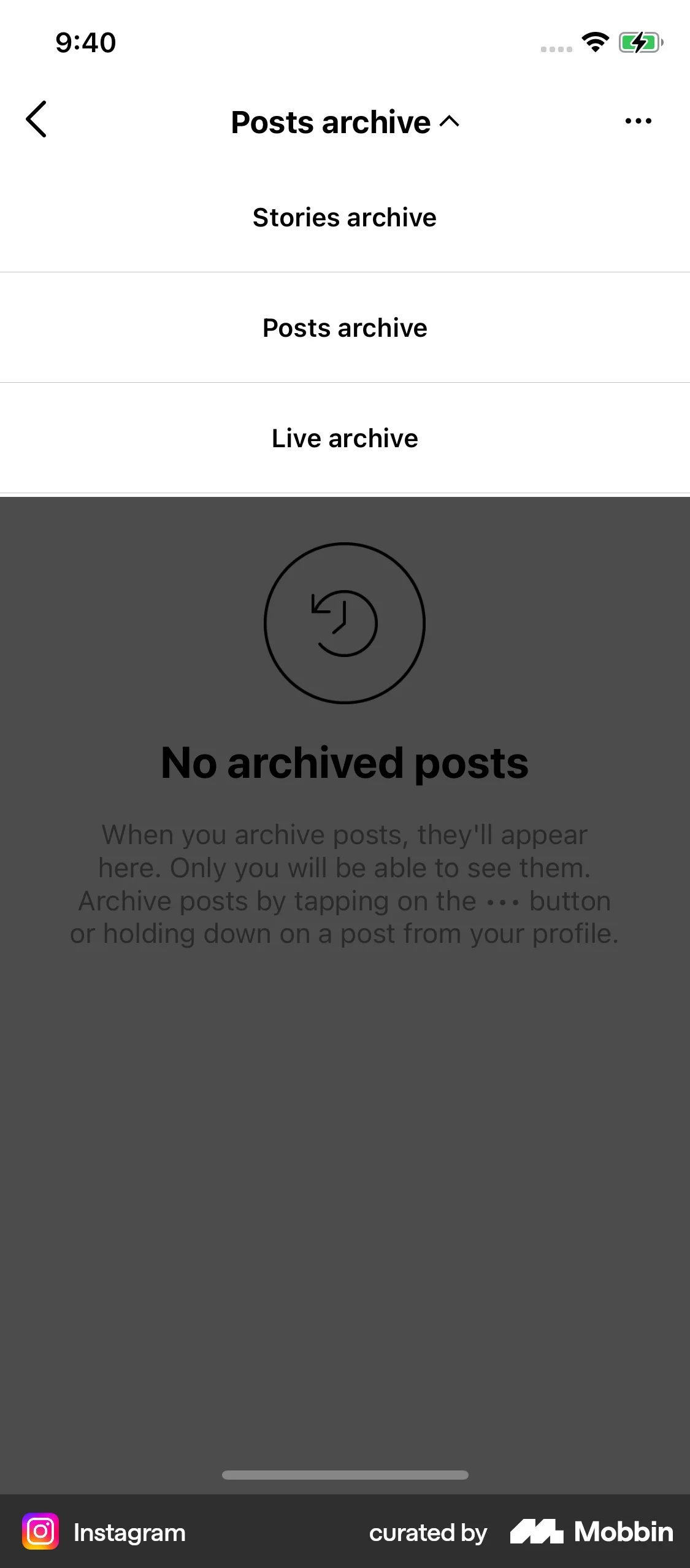 Instagram iOS screen containing Dropdown Menu UI element