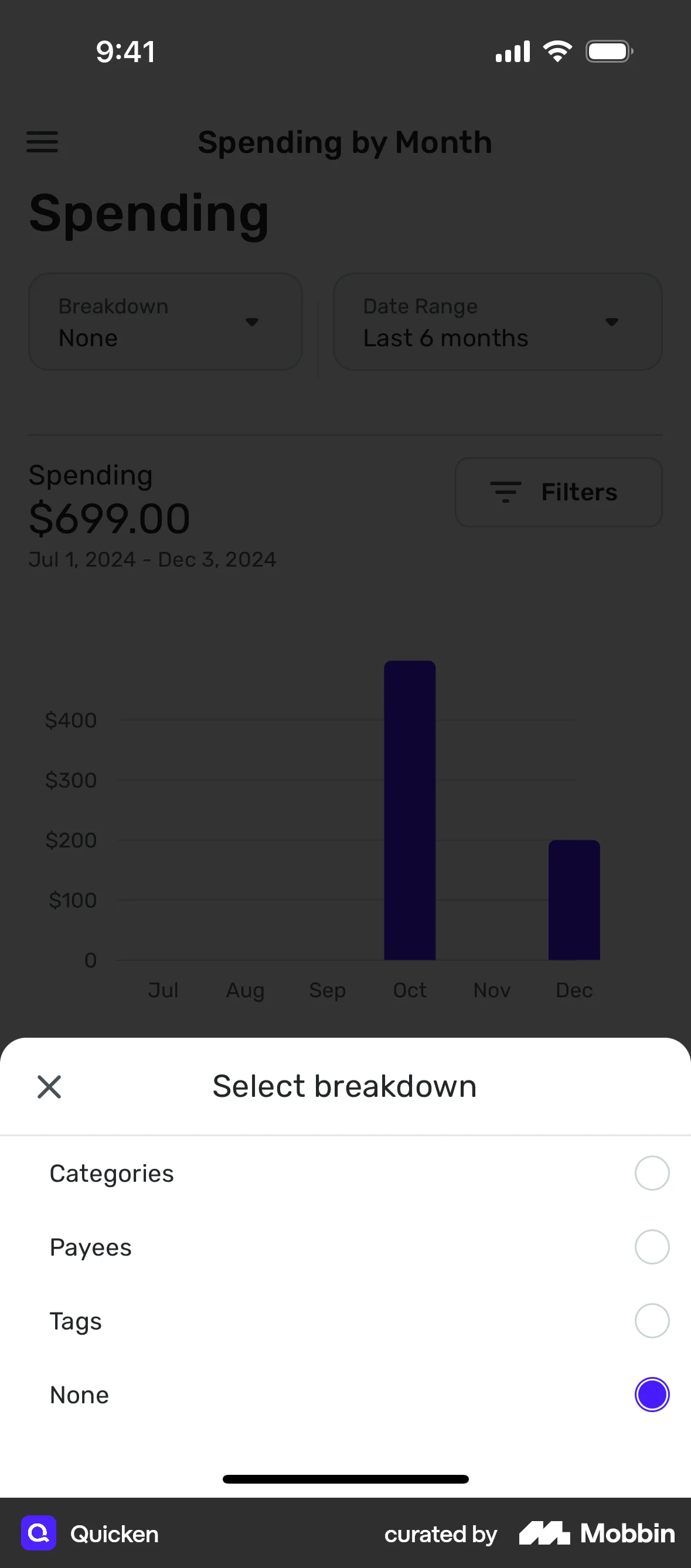 Quicken iOS Pie Chart UI screen