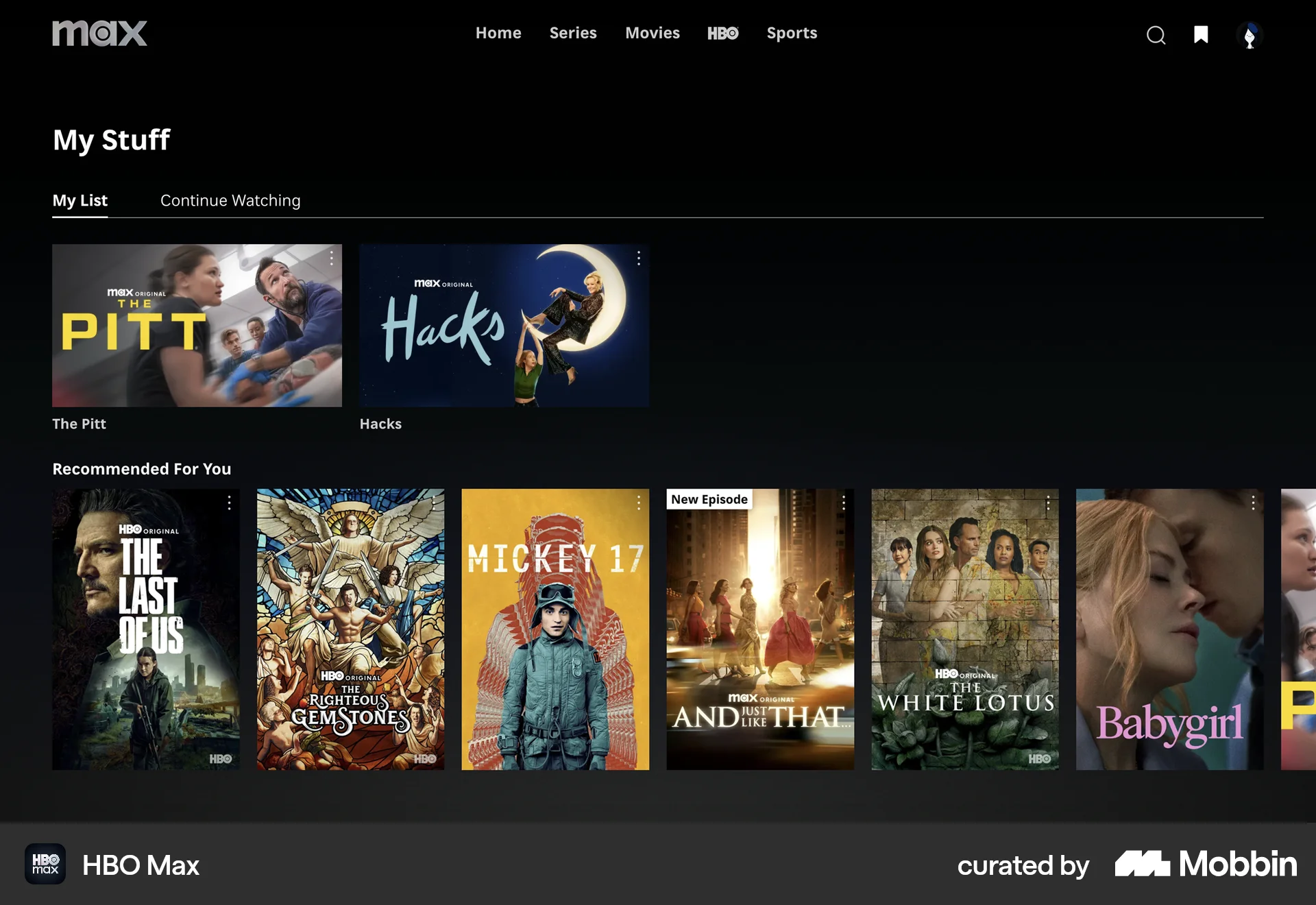 HBO Max Web Bookmarks & Collections screen
