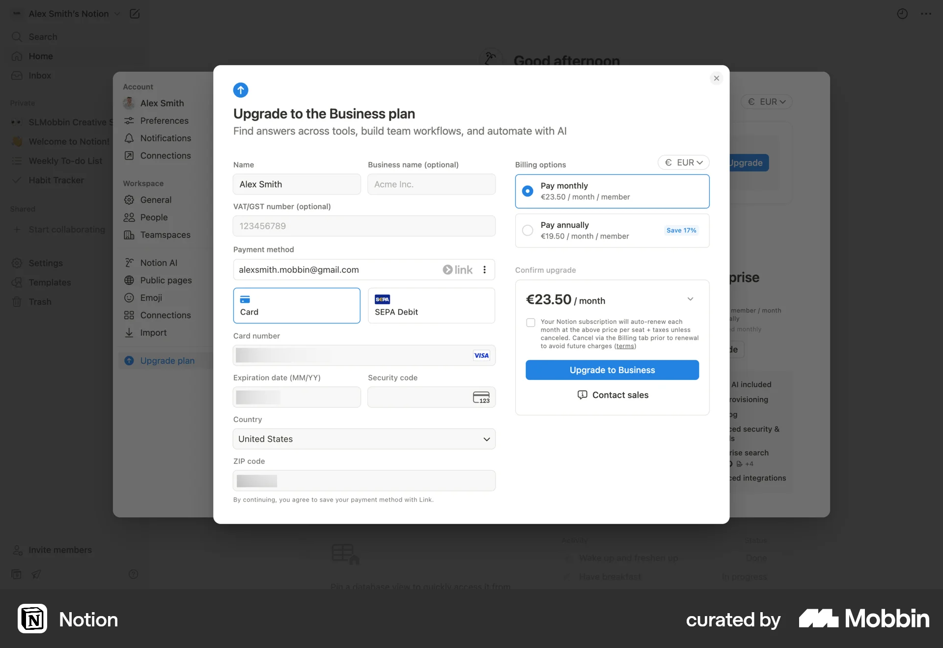 Notion Web Checkout screen