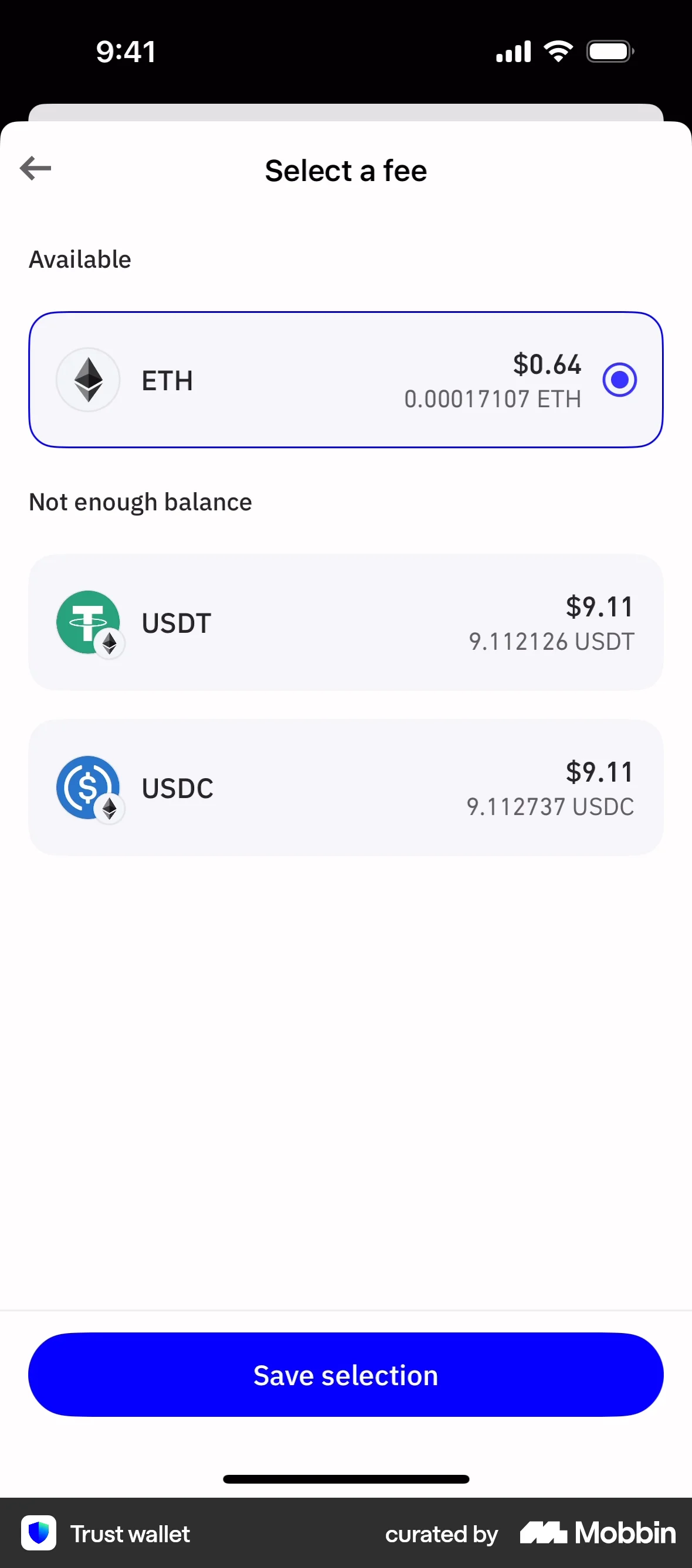 Trust Wallet iOS screen containing Tile UI element