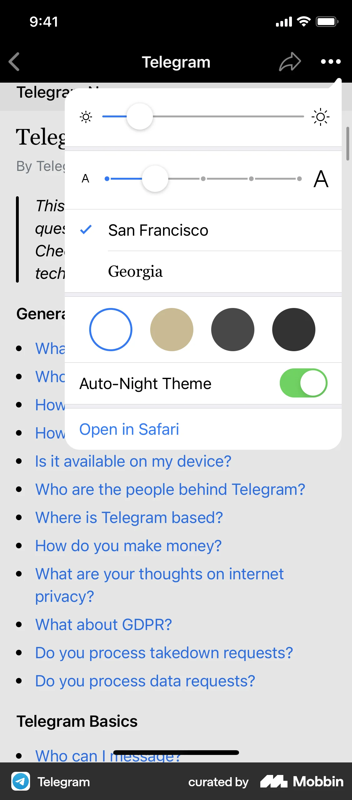 Telegram iOS screen containing Slider UI element