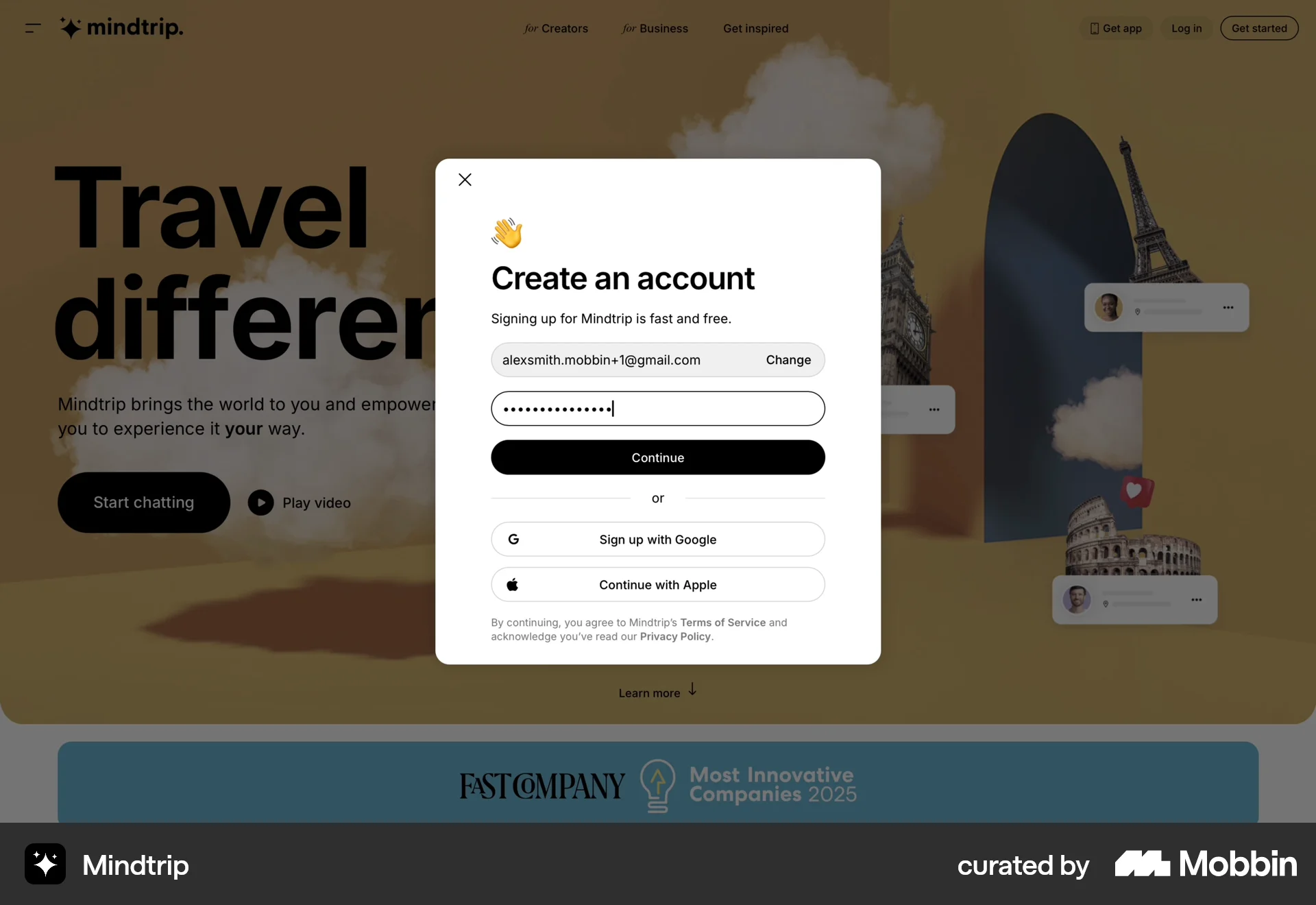Mindtrip Web Signup screen
