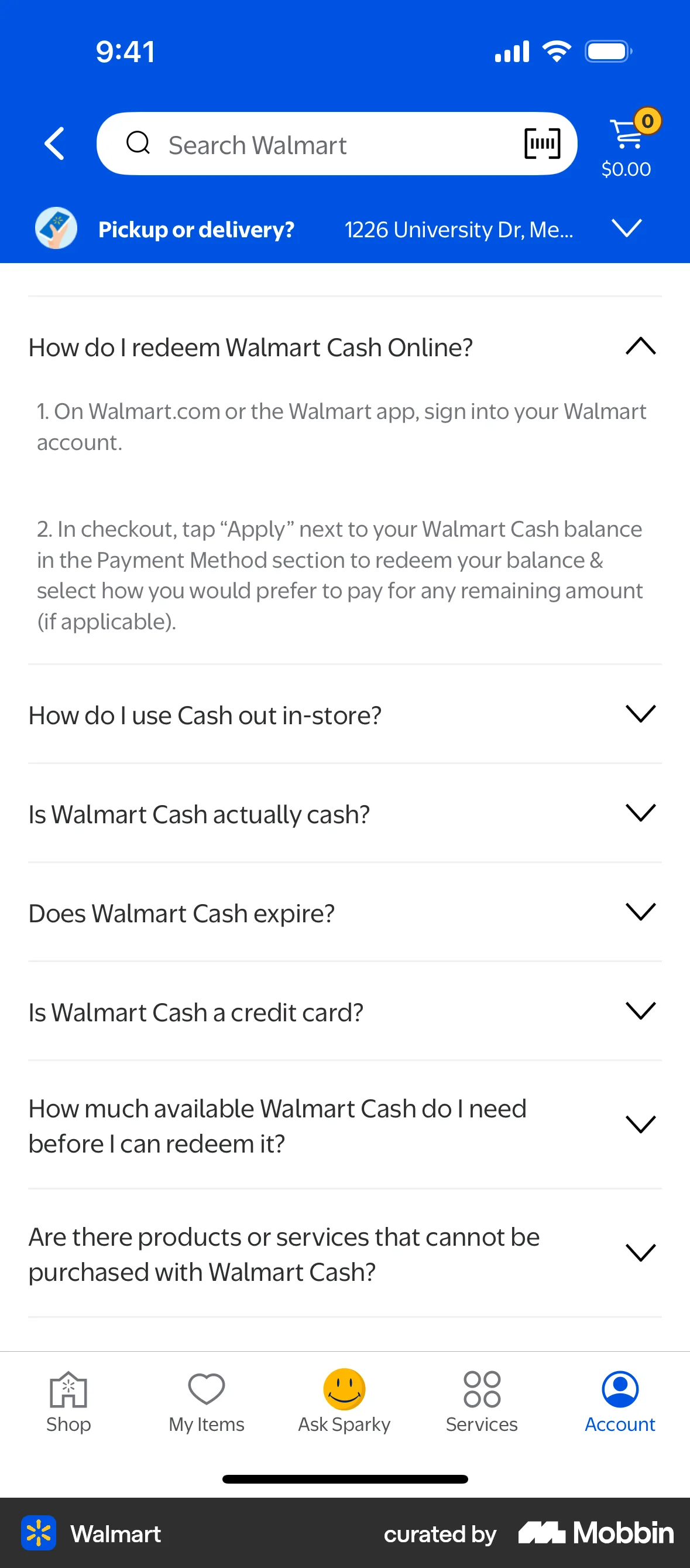 Walmart iOS Help & Support screen