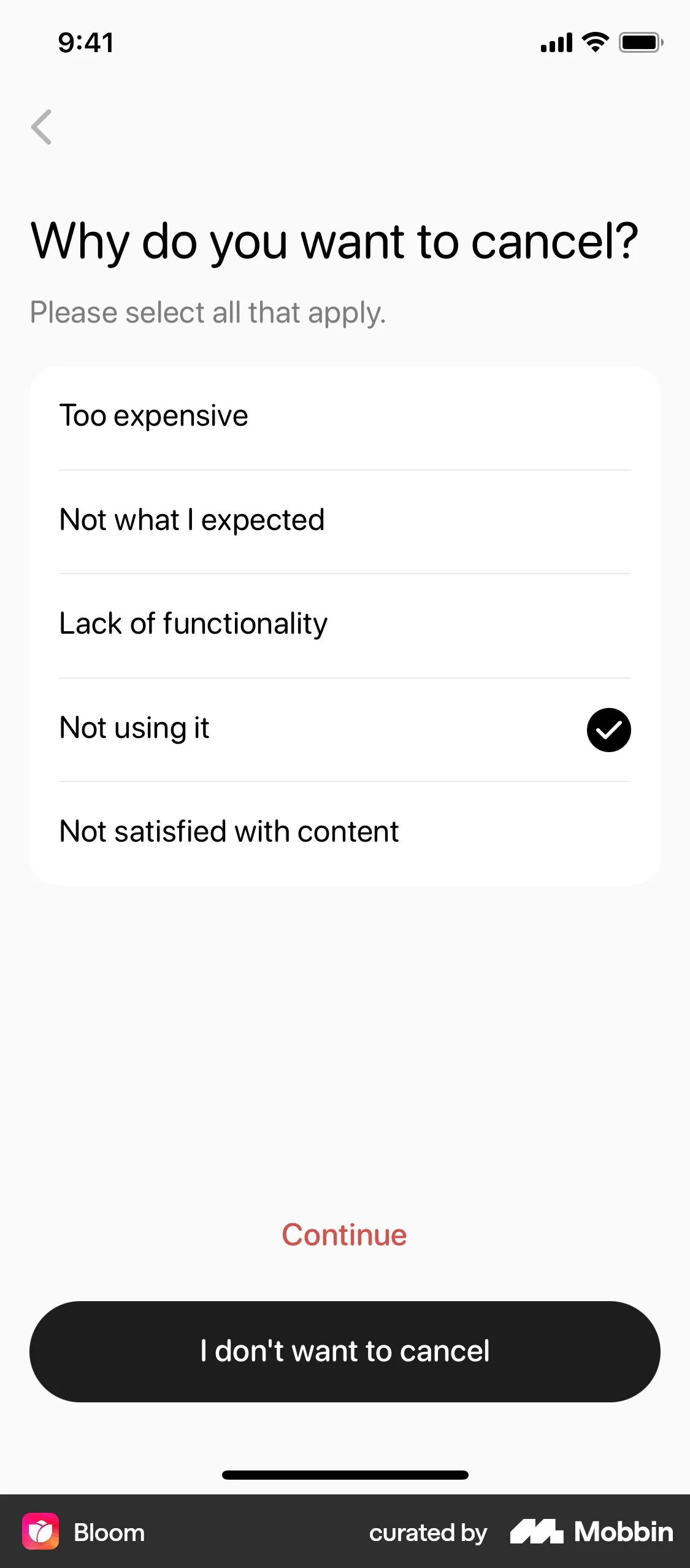 Bloom iOS Feedback screen