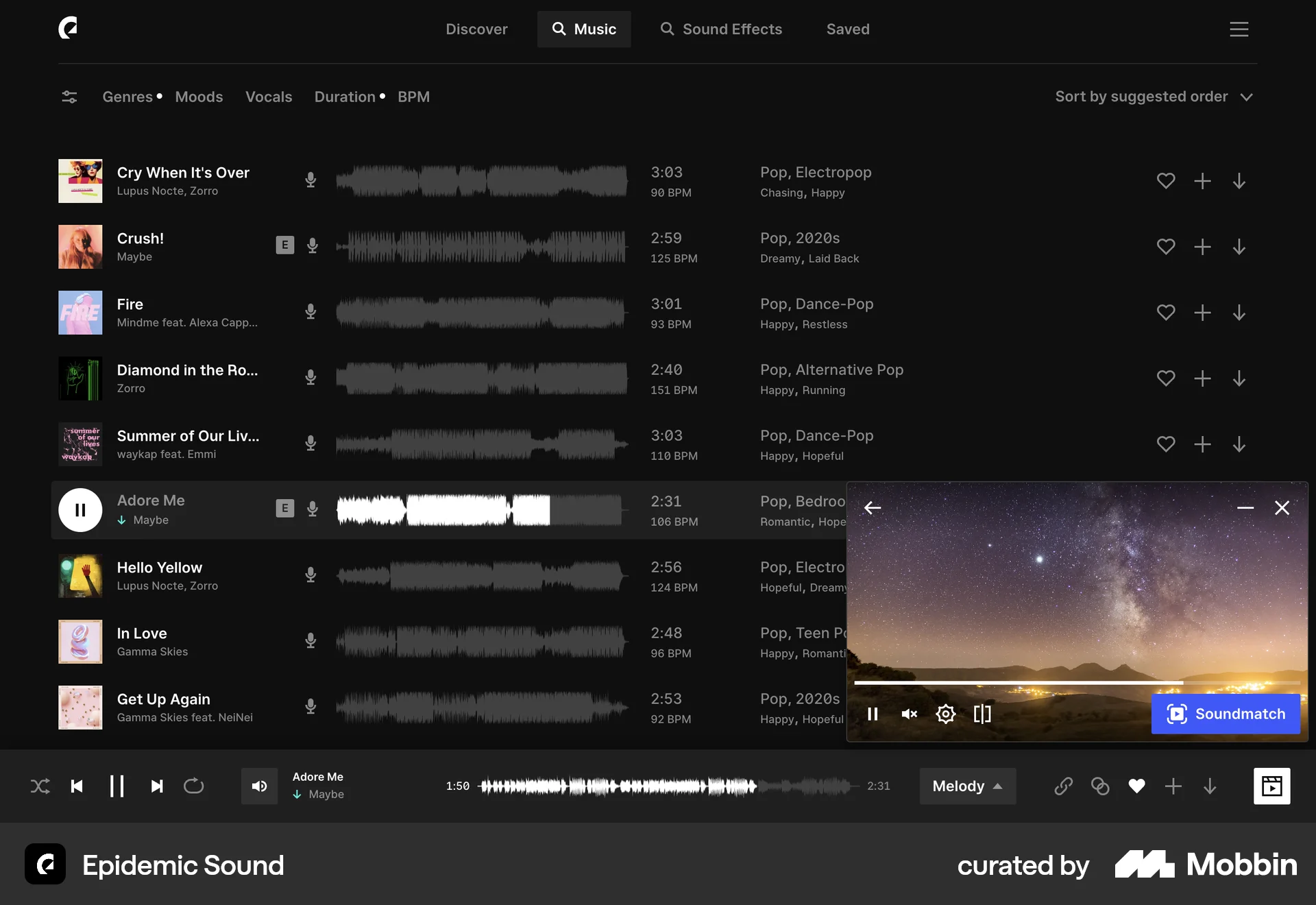 Epidemic Sound Web Audio Player screen