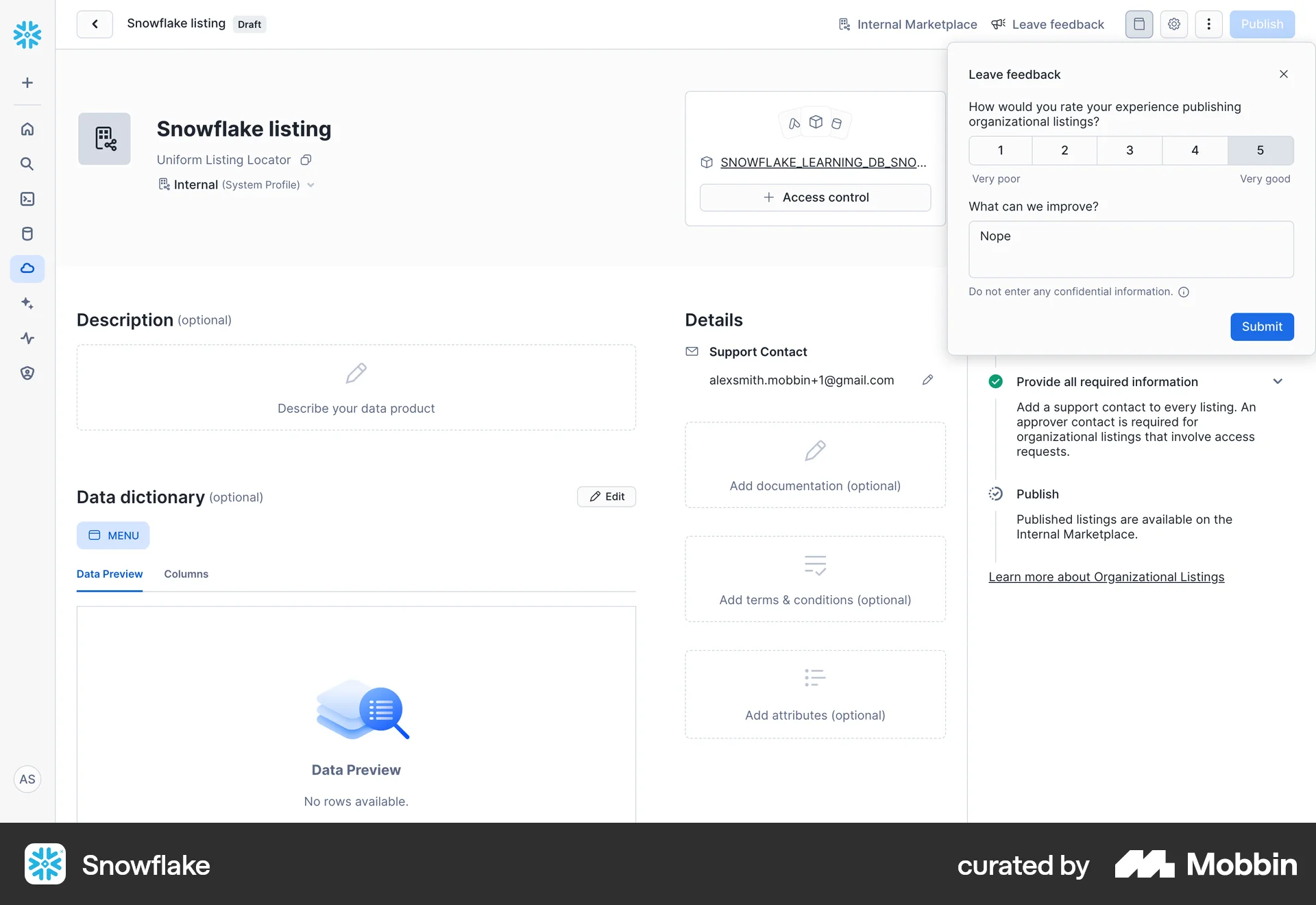 Snowflake Web screen containing Rating Control UI element