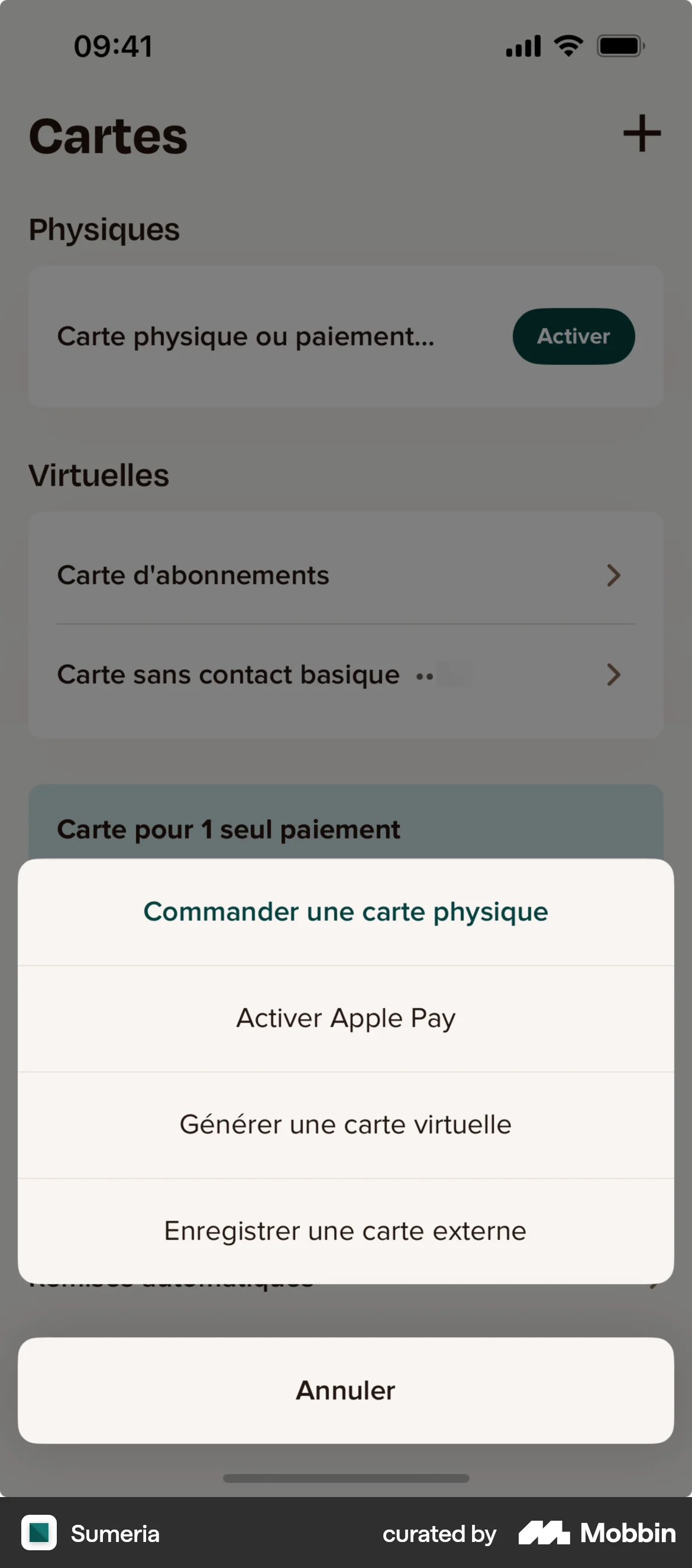 Sumeria iOS screen containing Action Sheet UI element