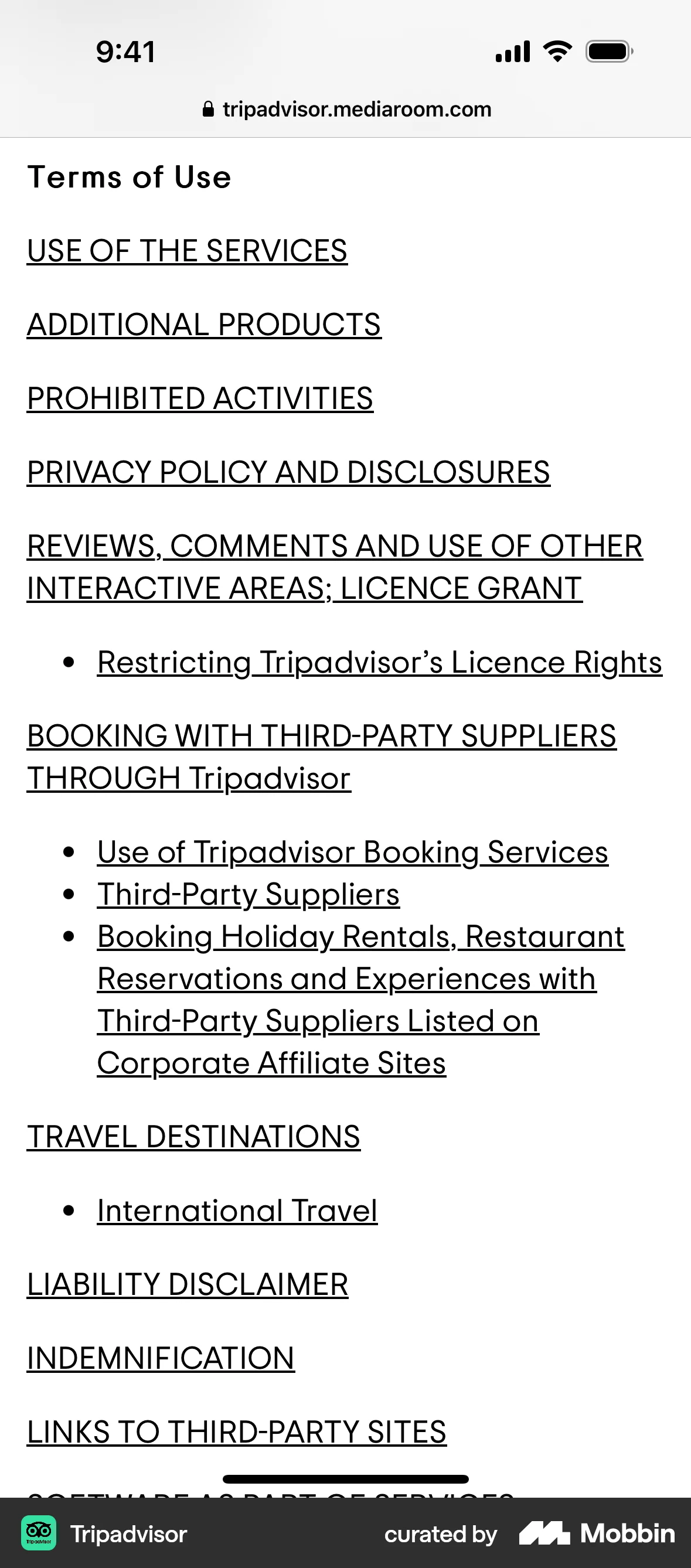 Tripadvisor iOS Terms & Conditions screen