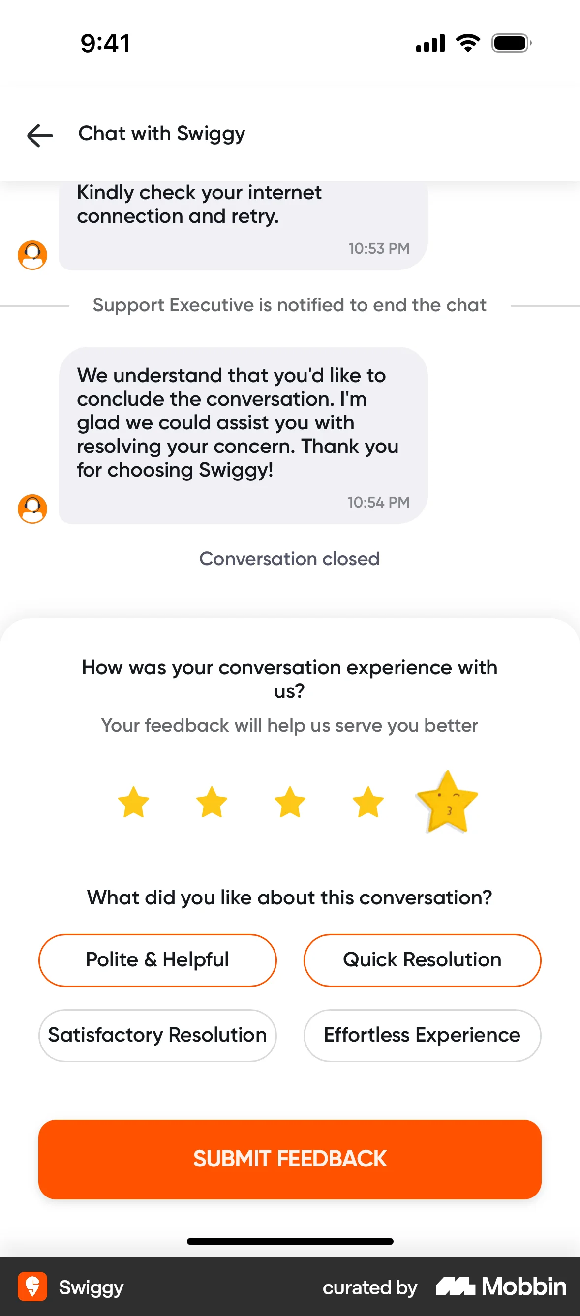 Swiggy iOS Feedback screen